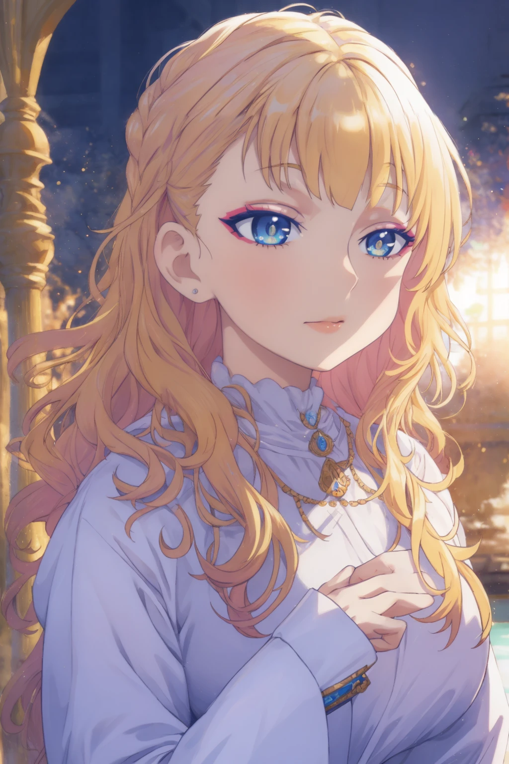 (best quality,4k,highres),detailed eyes,detailed lips,ultra-detailed face,wavy long hair,beautiful detailed eyes,beautiful detailed lips,extremely detailed eyes and face,longeyelashes,woman-medieval-cloths,priestess,curvy,tunic,galko,girl, solo,priestess outfit,gyaru style,dress,full body,woman,character portrait,portrait,studio lighting,,colorful,vivid colors,mysterious,soft lighting,bokeh,medieval theme,casual attire,confident expression