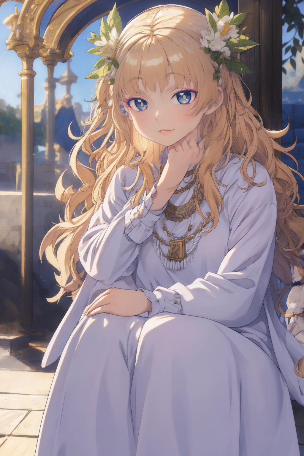 (best quality,4k,highres),detailed eyes,detailed lips,ultra-detailed face,wavy long hair,beautiful detailed eyes,beautiful detailed lips,extremely detailed eyes and face,longeyelashes,woman-medieval-cloths,priestess,curvy,tunic,galko,girl, solo,priestess outfit,gyaru style,dress,full body,woman,character portrait,portrait,studio lighting,,colorful,vivid colors,mysterious,soft lighting,bokeh,medieval theme,casual attire,confident expression