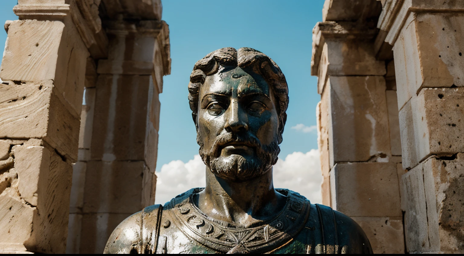 Ancient Stoic Statue With Very Angry Expression, tem barba, muitos detalhes em ambos os olhos, Outside, fundo atenas grego, open sky, com rosto extremamente detalhado full body view, Colors with low saturation with dark tone, Filmado em Sony A7S III com Sony FE 35mm f/1.8, 12.1 MP, --AR 3:2 --estilo cru