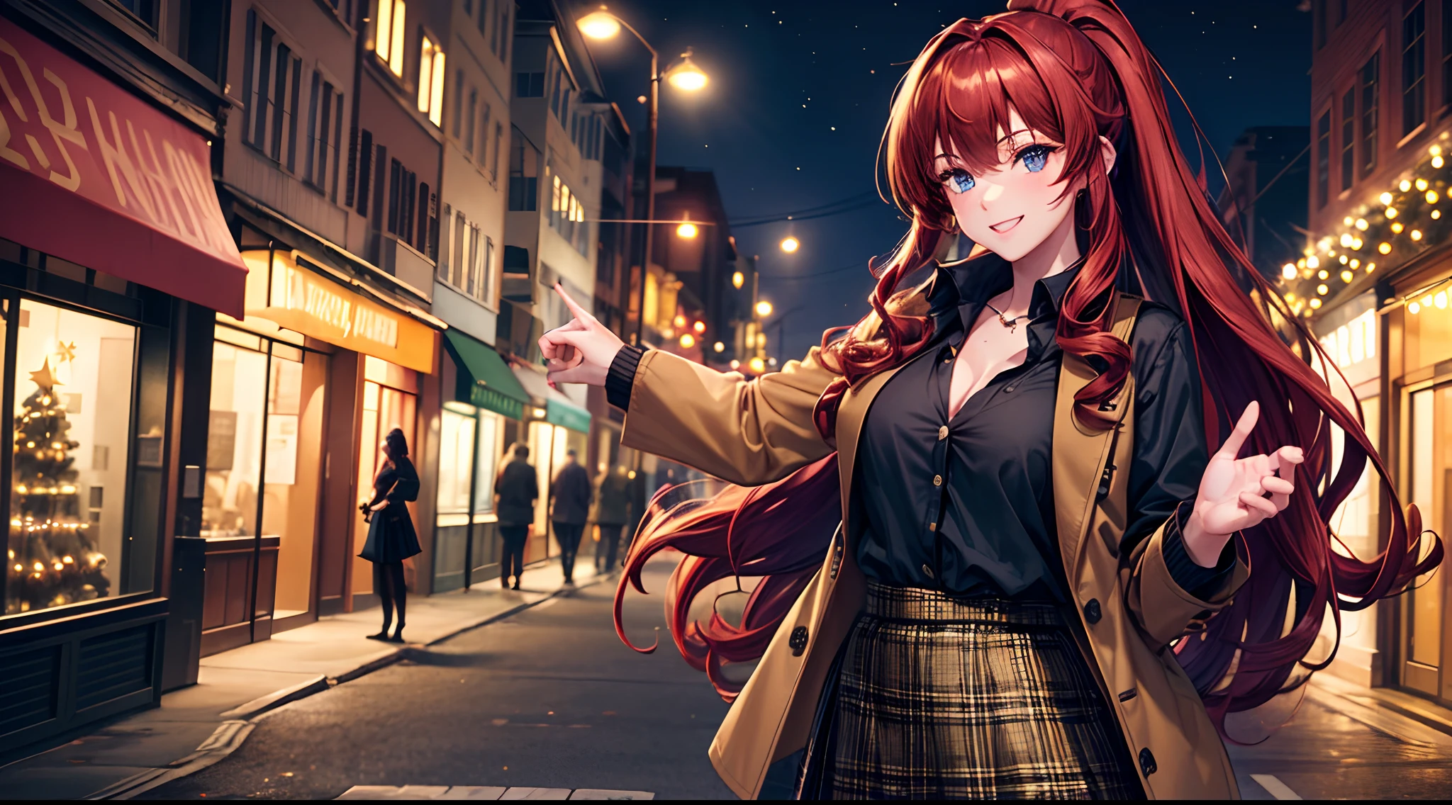 1girl, solo, full body, christmas, christmas tree, street, night, lights, giving gift, long hair, red hair, curly hair, ponytail, large breasts, button down, ((opened brown short jacket)), dark blue eyes, ((black shirt)), checked shirt, ((unbuttoned shirt)), ((long skirt)), smile, looking at the viewer, standing