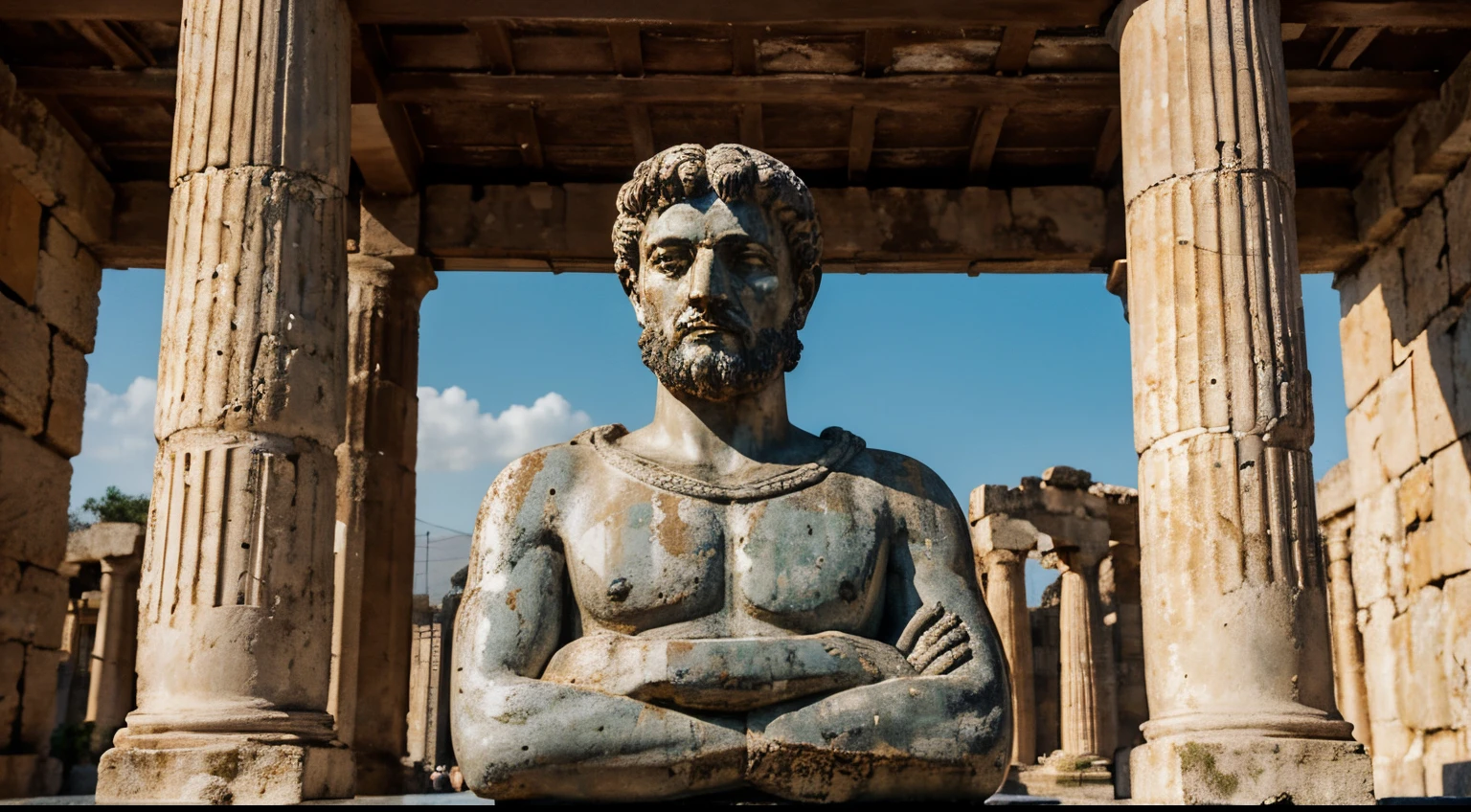 Ancient Stoic Statue With Very Angry Expression, tem barba, muitos detalhes em ambos os olhos, Outside, fundo atenas grego, open sky, com rosto extremamente detalhado full body view, Colors with low saturation with dark tone, Filmado em Sony A7S III com Sony FE 35mm f/1.8, 12.1 MP, --AR 3:2 --estilo cru