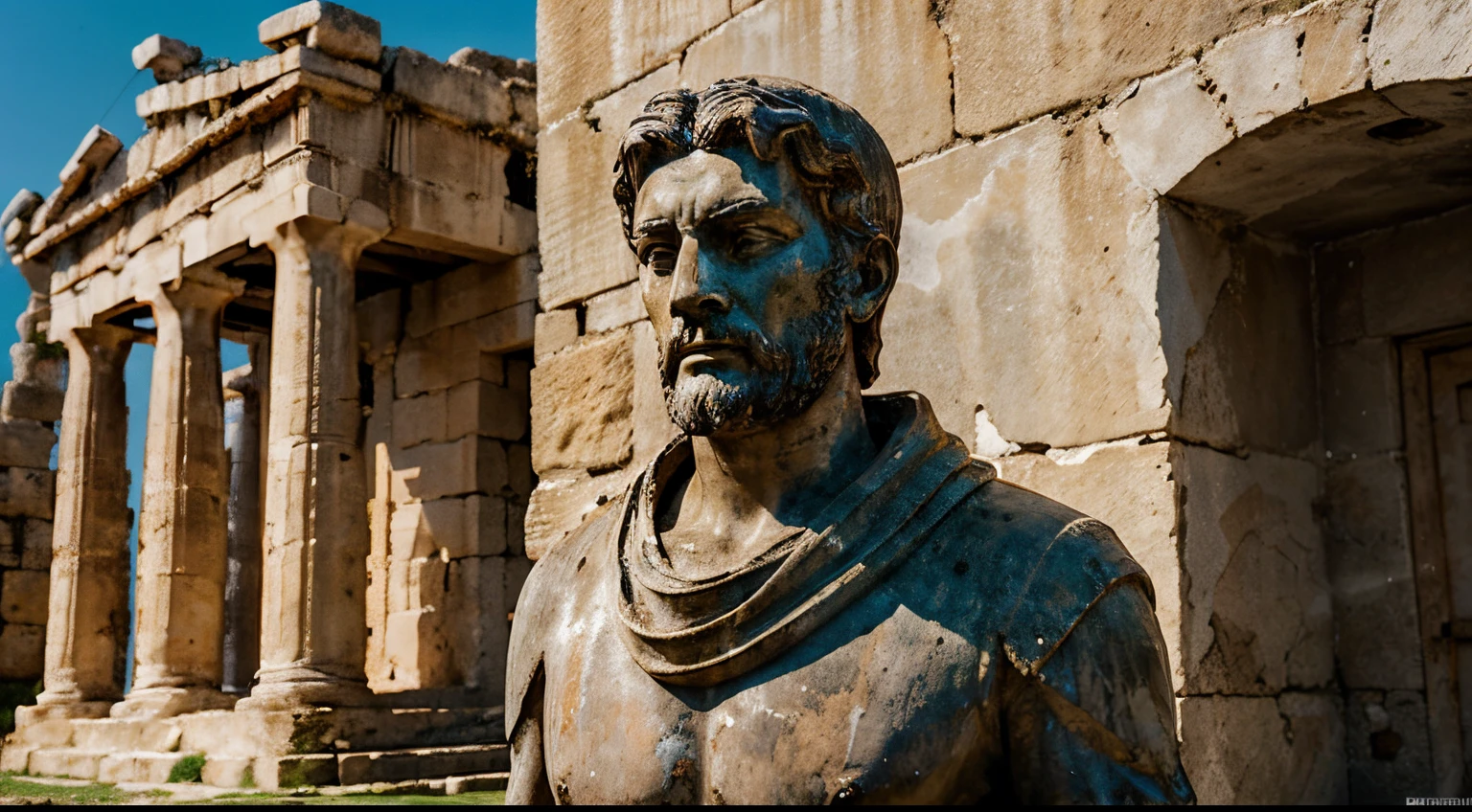 Ancient Stoic Statue With Very Angry Expression, tem barba, muitos detalhes em ambos os olhos, Outside, fundo atenas grego, open sky, com rosto extremamente detalhado full body view, Colors with low saturation with dark tone, Filmado em Sony A7S III com Sony FE 35mm f/1.8, 12.1 MP, --AR 3:2 --estilo cru