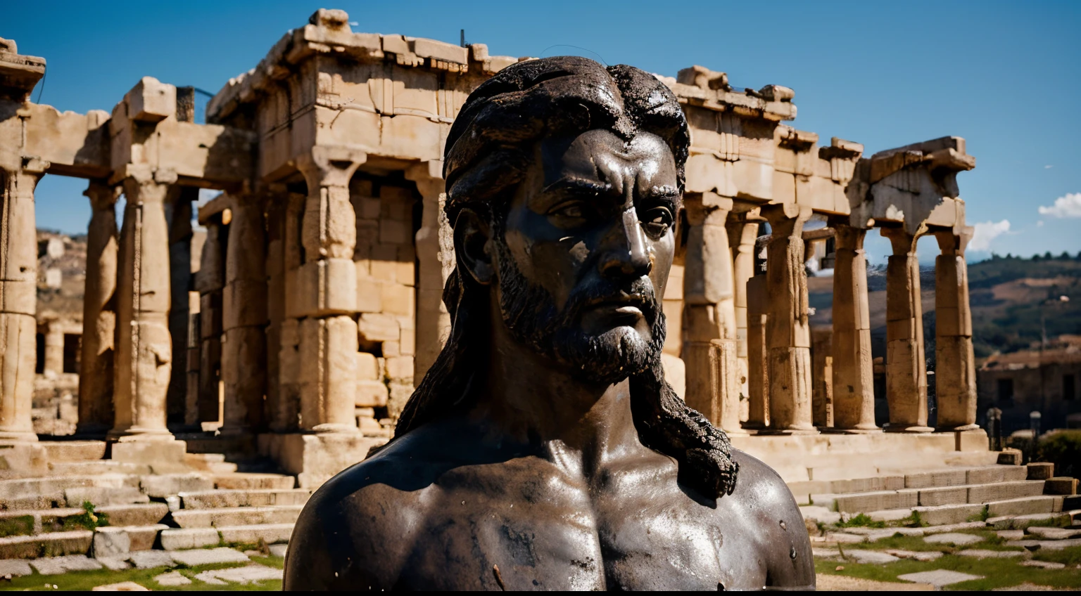 Ancient Stoic Statue With Very Angry Expression, tem barba, muitos detalhes em ambos os olhos, Outside, fundo atenas grego, open sky, com rosto extremamente detalhado full body view, Colors with low saturation with dark tone, Filmado em Sony A7S III com Sony FE 35mm f/1.8, 12.1 MP, --AR 3:2 --estilo cru