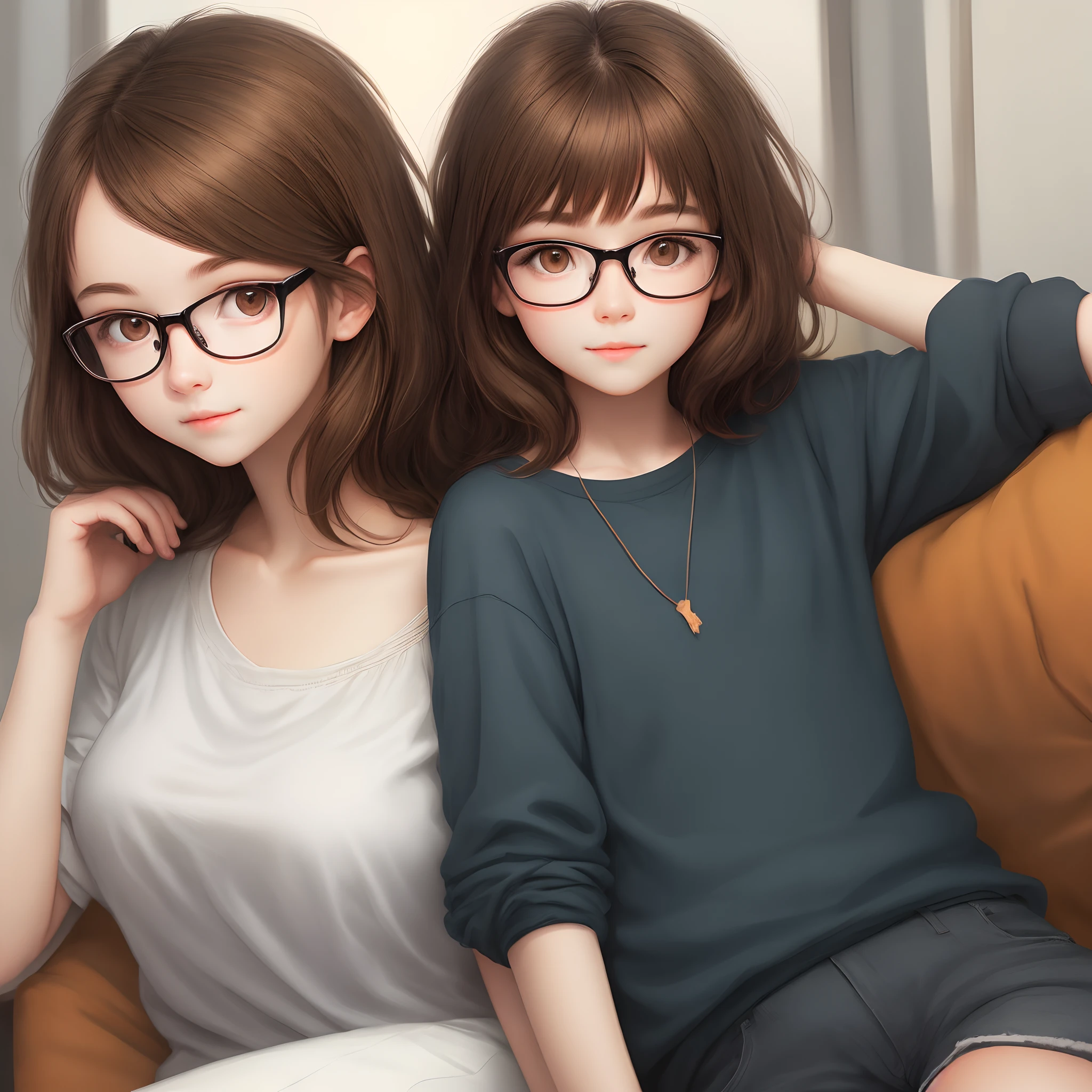 Draw an image of a girl with brown hair,glasses and brown eyes. Confident and smart