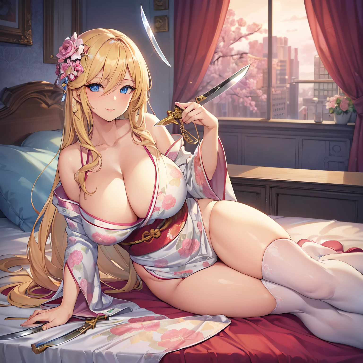 Masterpiece, Best Quality, (((Solo mature woman))), (((long blonde hair))),  (((wide hips))), (((beautiful blue eyes))), full lips, seductive smile, large chest, curvy, sexy, ((on bed)) (((wearing pink with white floral kimono))), [Janet], [Alice],  (((solo))), (((alone))), ((huge boobs)), (cleavage), tarot cards on bed, red curtains, messy hair, curly hair, perfect hourglass figure, cityscape in window, (((knife))), thick thighs, (((ready to breed))), ((beautiful mature female face)), ((beautiful 40 year old MILF)