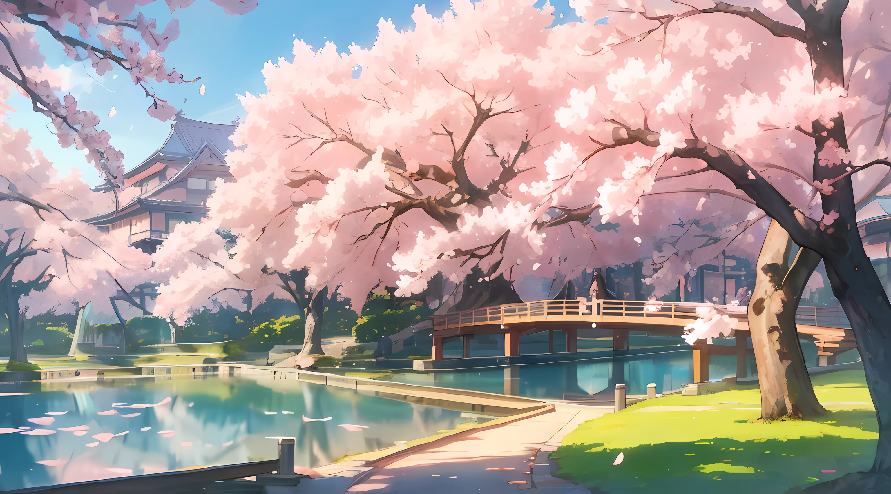 best quality, small lake in a city, sakura trees, sakura petals, buildings in the background, distant view, colorful anime artwork, beautiful sky, beautiful sunlight, amazing scenery, amazing visuals, beautiful anime artwork, ultrasharp, masterpiece, high res, 8k