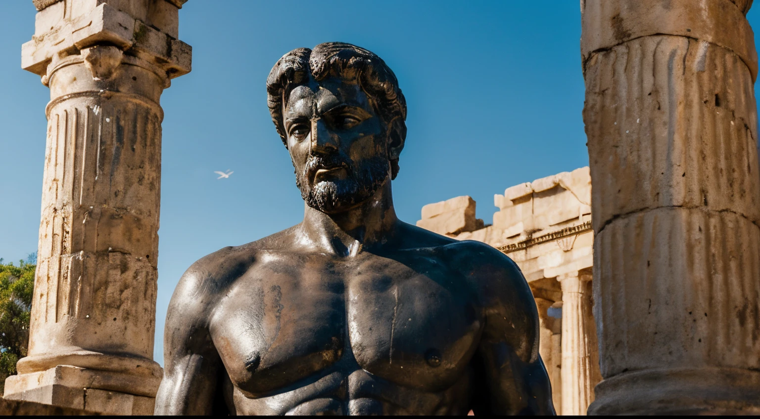 Ancient Stoic Statue With Very Angry Expression, tem barba, muitos detalhes em ambos os olhos, Outside, fundo atenas grego, open sky, com rosto extremamente detalhado full body view, Colors with low saturation with dark tone, Filmado em Sony A7S III com Sony FE 35mm f/1.8, 12.1 MP, --AR 3:2 --estilo cru