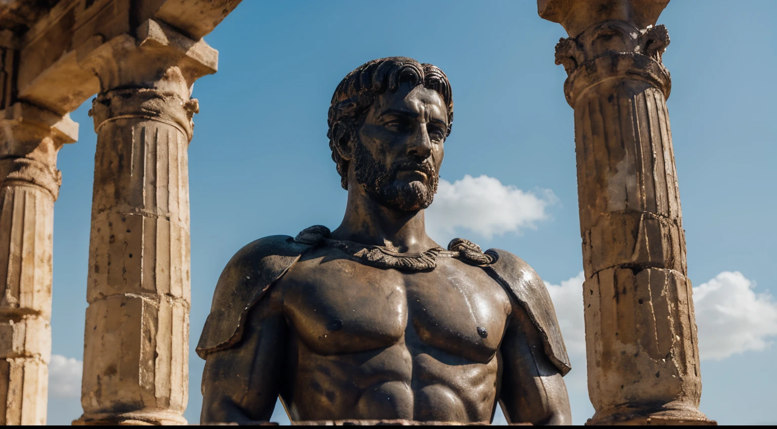 Ancient Stoic Statue With Very Angry Expression, tem barba, muitos detalhes em ambos os olhos, Outside, fundo atenas grego, open sky, com rosto extremamente detalhado full body view, Colors with low saturation with dark tone, Filmado em Sony A7S III com Sony FE 35mm f/1.8, 12.1 MP, --AR 3:2 --estilo cru
