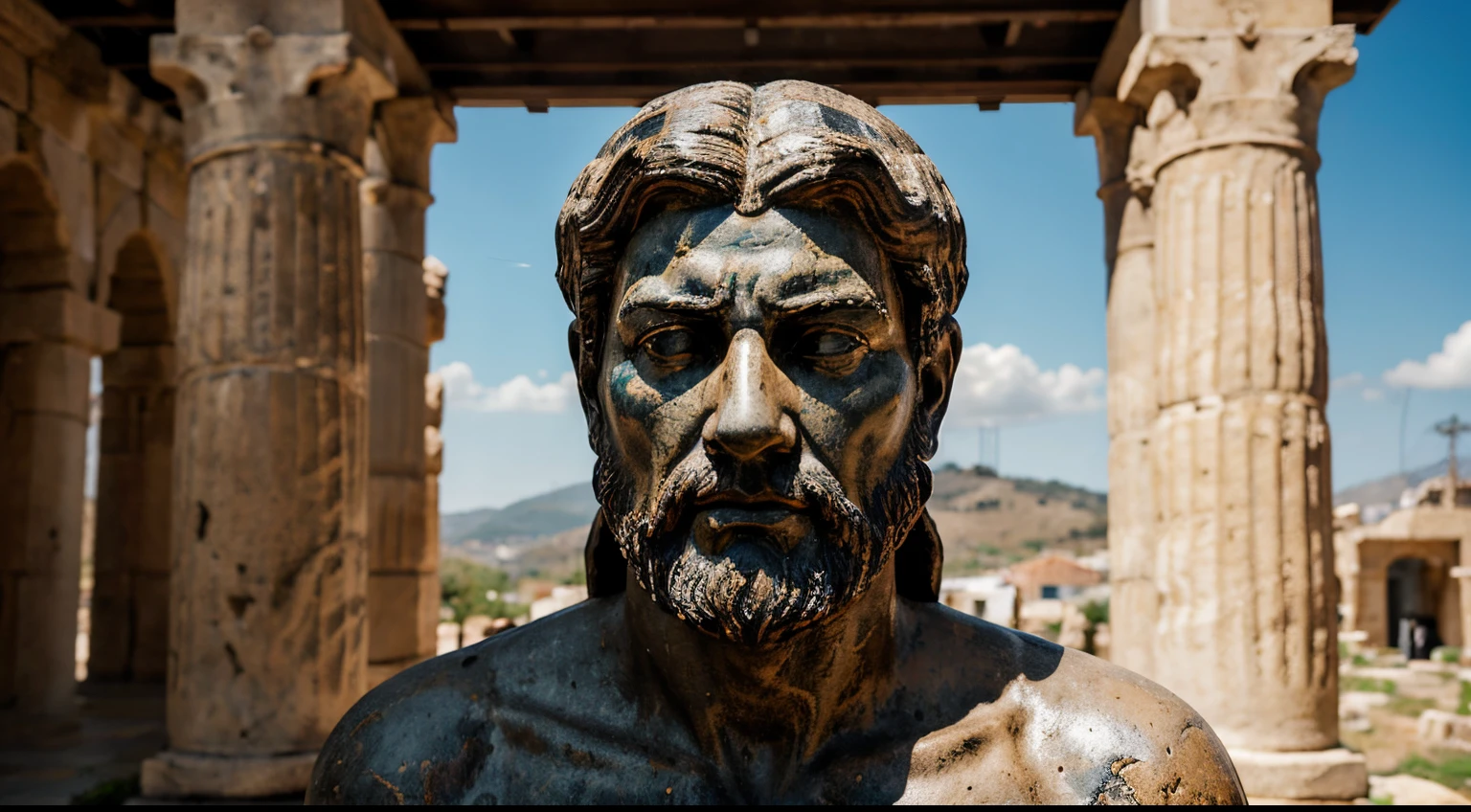 Ancient Stoic Statue With Very Angry Expression, tem barba, muitos detalhes em ambos os olhos, Outside, fundo atenas grego, open sky, com rosto extremamente detalhado full body view, Colors with low saturation with dark tone, Filmado em Sony A7S III com Sony FE 35mm f/1.8, 12.1 MP, --AR 3:2 --estilo cru