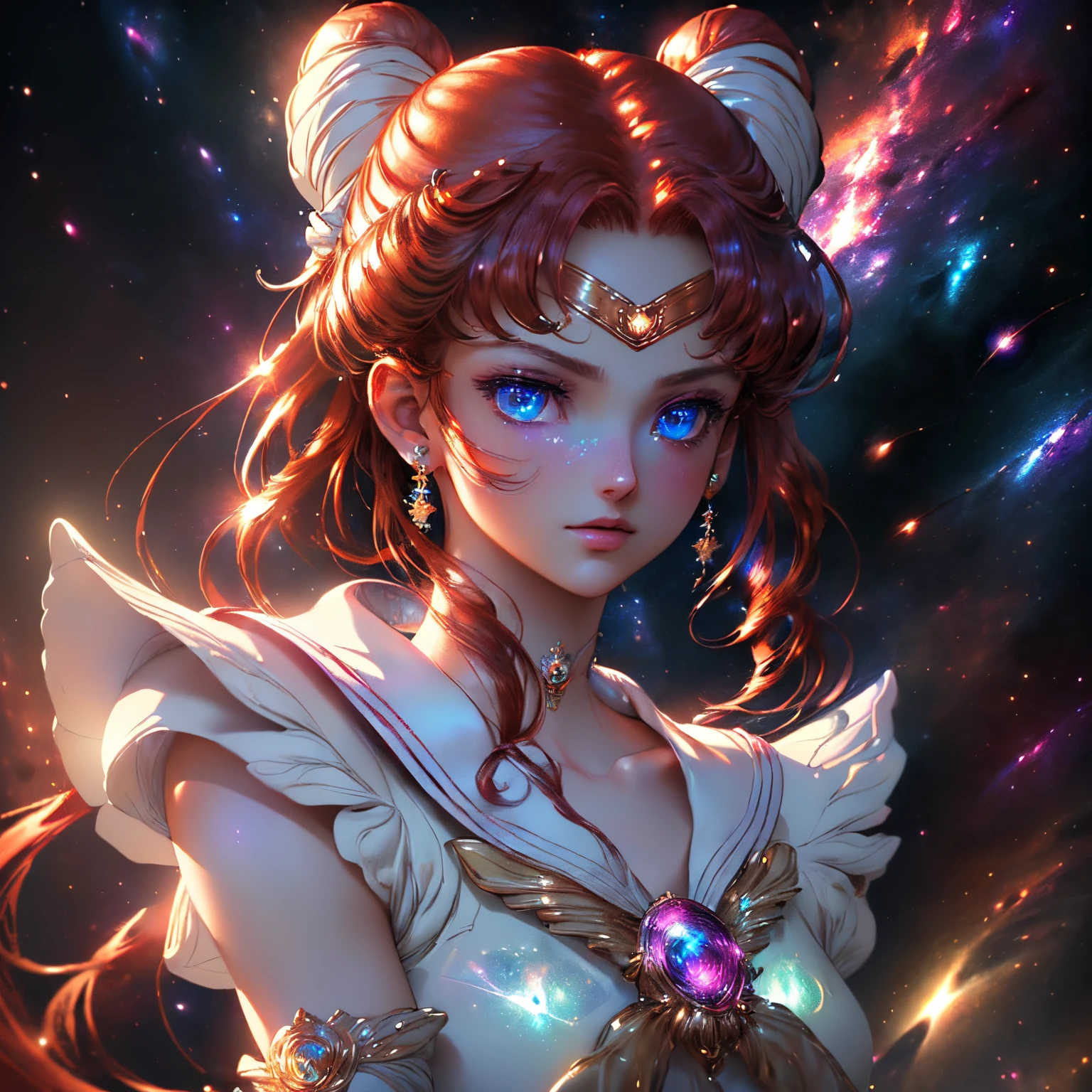 (Ultra-Detailed:1.2), (8K, Best Quality), (Masterpiece:1.2), (Illustration:1.2), (Dynamic:1.2), (Shiny Skin), (Cinematic Lighting), 1Girl, (Glowing Detailed Galaxy Background:1.4), (Glowing Blue Eyes), ((Shoulder Length Hairstyle, Red Hair Color)), (Pinterest Trends, DeviantArt Trends), (Delicate Detailed), (Intricate Details), Octane Render, (Glowing Accessories), (Gorgeous Endigo & White School Uniform Inspired By Sailor Saturn:1.2), (Sailor Moon Pose)