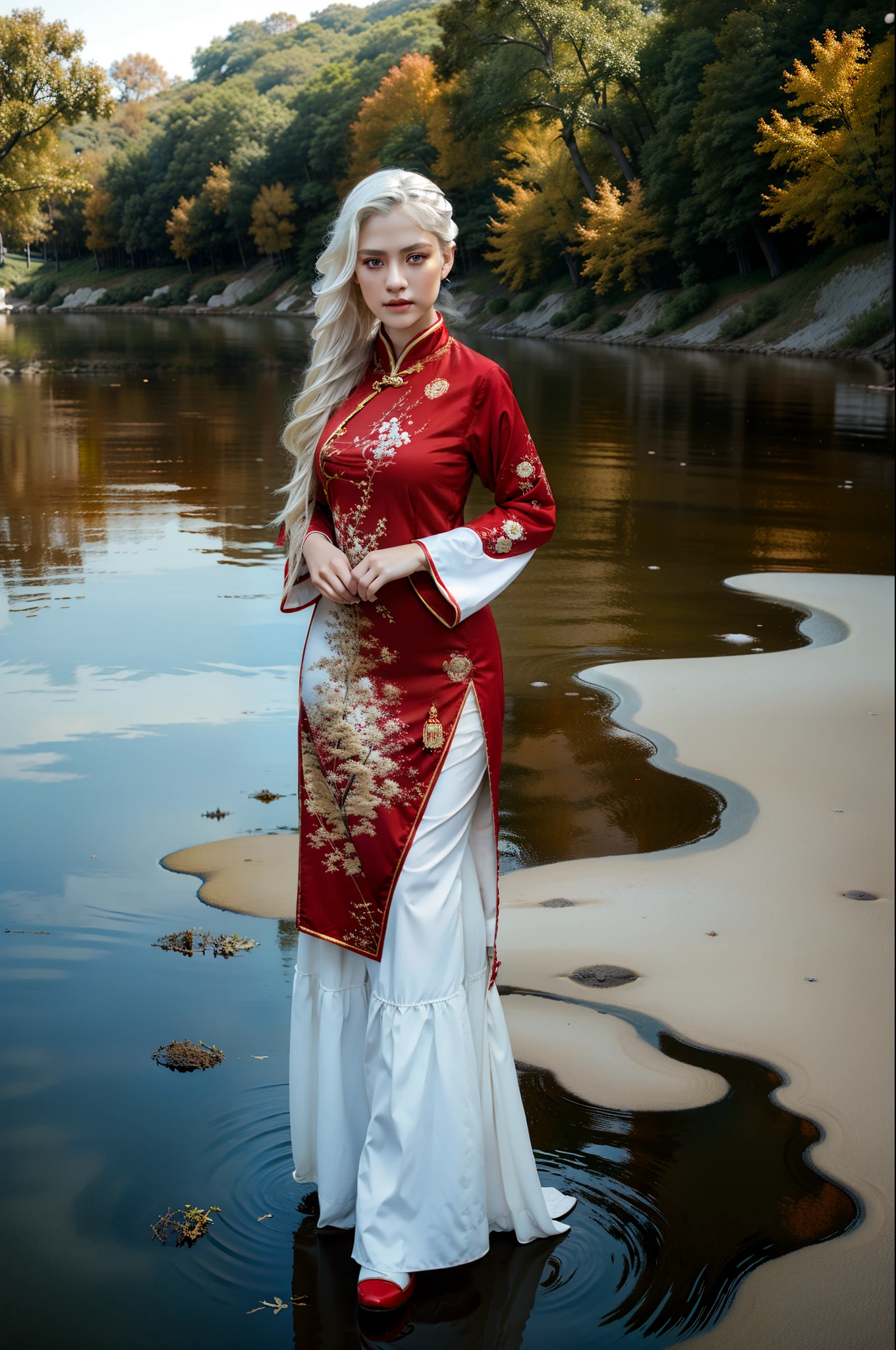 masterpiece,best quality,ultra-detailed,1girl,md,by the lake,chinese clothing,white hair,red eyes, full body