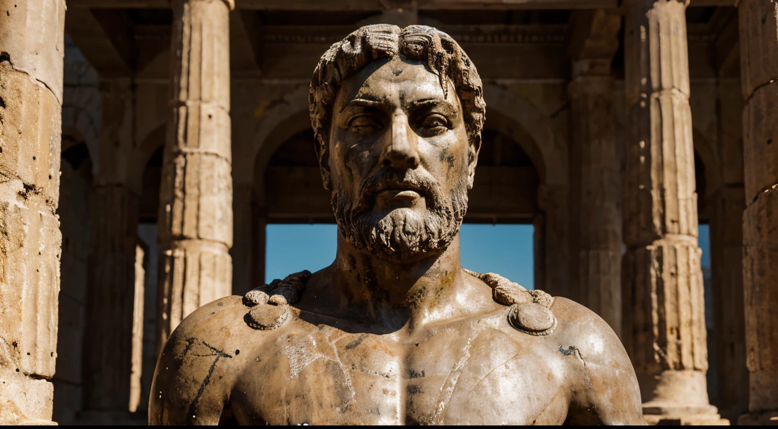 Ancient Stoic Statue With Very Angry Expression, tem barba, muitos detalhes em ambos os olhos, Outside, fundo atenas grego, open sky, com rosto extremamente detalhado full body view, Colors with low saturation with dark tone, Filmado em Sony A7S III com Sony FE 35mm f/1.8, 12.1 MP, --AR 3:2 --estilo cru