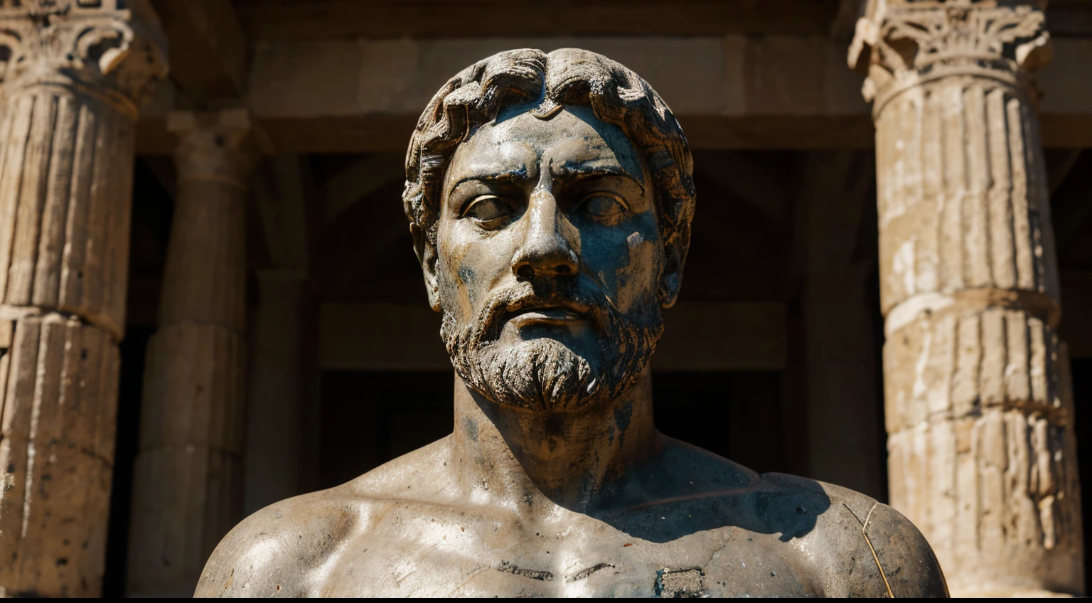 Ancient Stoic Statue With Very Angry Expression, tem barba, muitos detalhes em ambos os olhos, Outside, fundo atenas grego, open sky, com rosto extremamente detalhado full body view, Colors with low saturation with dark tone, Filmado em Sony A7S III com Sony FE 35mm f/1.8, 12.1 MP, --AR 3:2 --estilo cru