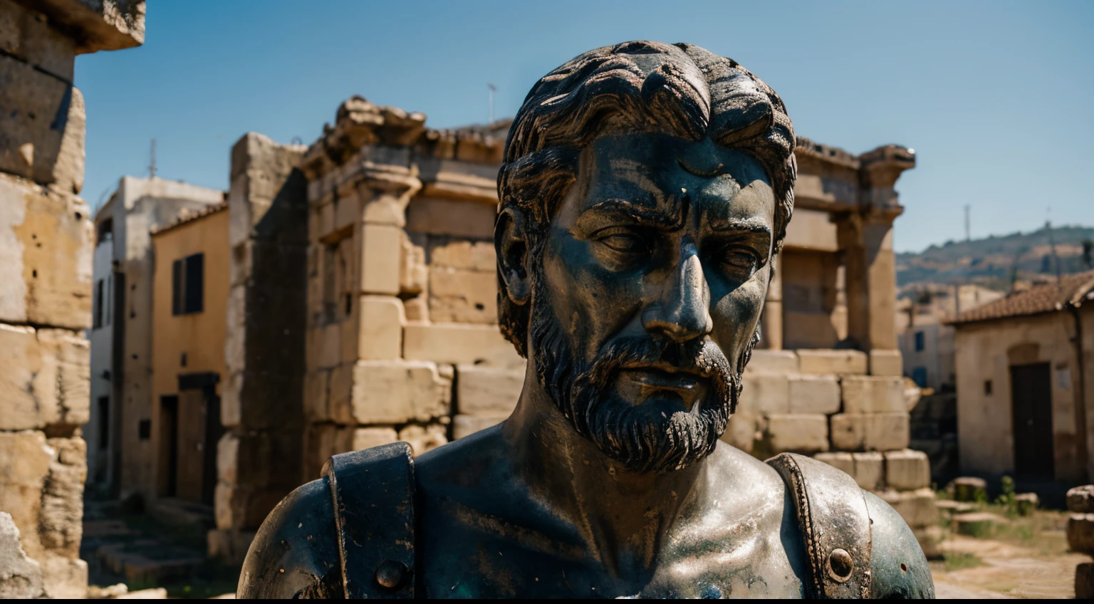 Ancient Stoic Statue With Very Angry Expression, tem barba, muitos detalhes em ambos os olhos, Outside, fundo atenas grego, open sky, com rosto extremamente detalhado full body view, Colors with low saturation with dark tone, Filmado em Sony A7S III com Sony FE 35mm f/1.8, 12.1 MP, --AR 3:2 --estilo cru