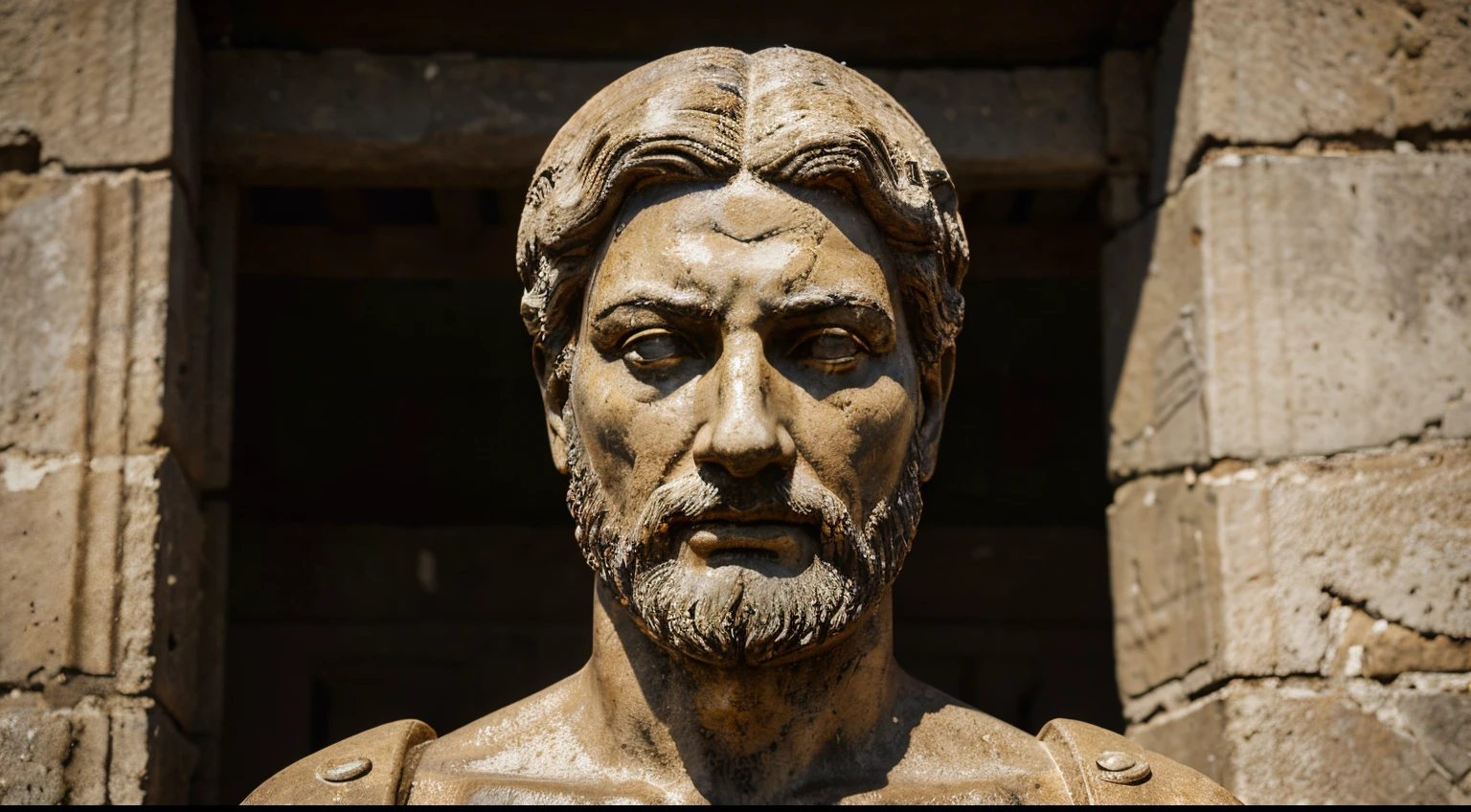 Ancient Stoic Statue With Very Angry Expression, tem barba, muitos detalhes em ambos os olhos, Outside, fundo atenas grego, open sky, com rosto extremamente detalhado full body view, Colors with low saturation with dark tone, Filmado em Sony A7S III com Sony FE 35mm f/1.8, 12.1 MP, --AR 3:2 --estilo cru