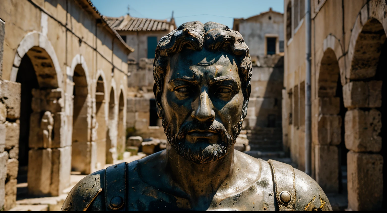 Ancient Stoic Statue With Very Angry Expression, tem barba, muitos detalhes em ambos os olhos, Outside, fundo atenas grego, open sky, com rosto extremamente detalhado full body view, Colors with low saturation with dark tone, Filmado em Sony A7S III com Sony FE 35mm f/1.8, 12.1 MP, --AR 3:2 --estilo cru