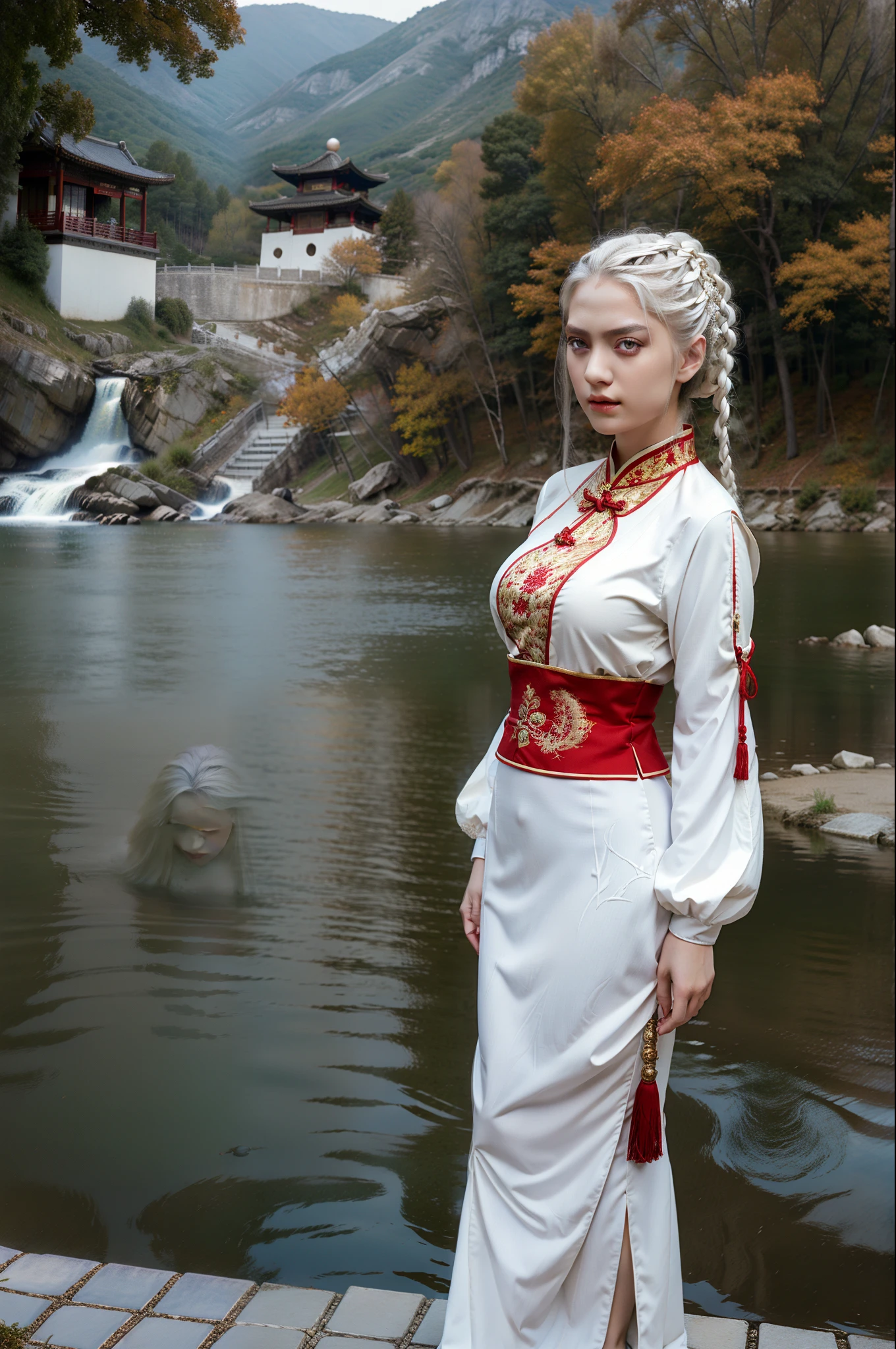 masterpiece,best quality,ultra-detailed,1girl,md,by the lake,chinese clothing,white hair,red eyes, full body