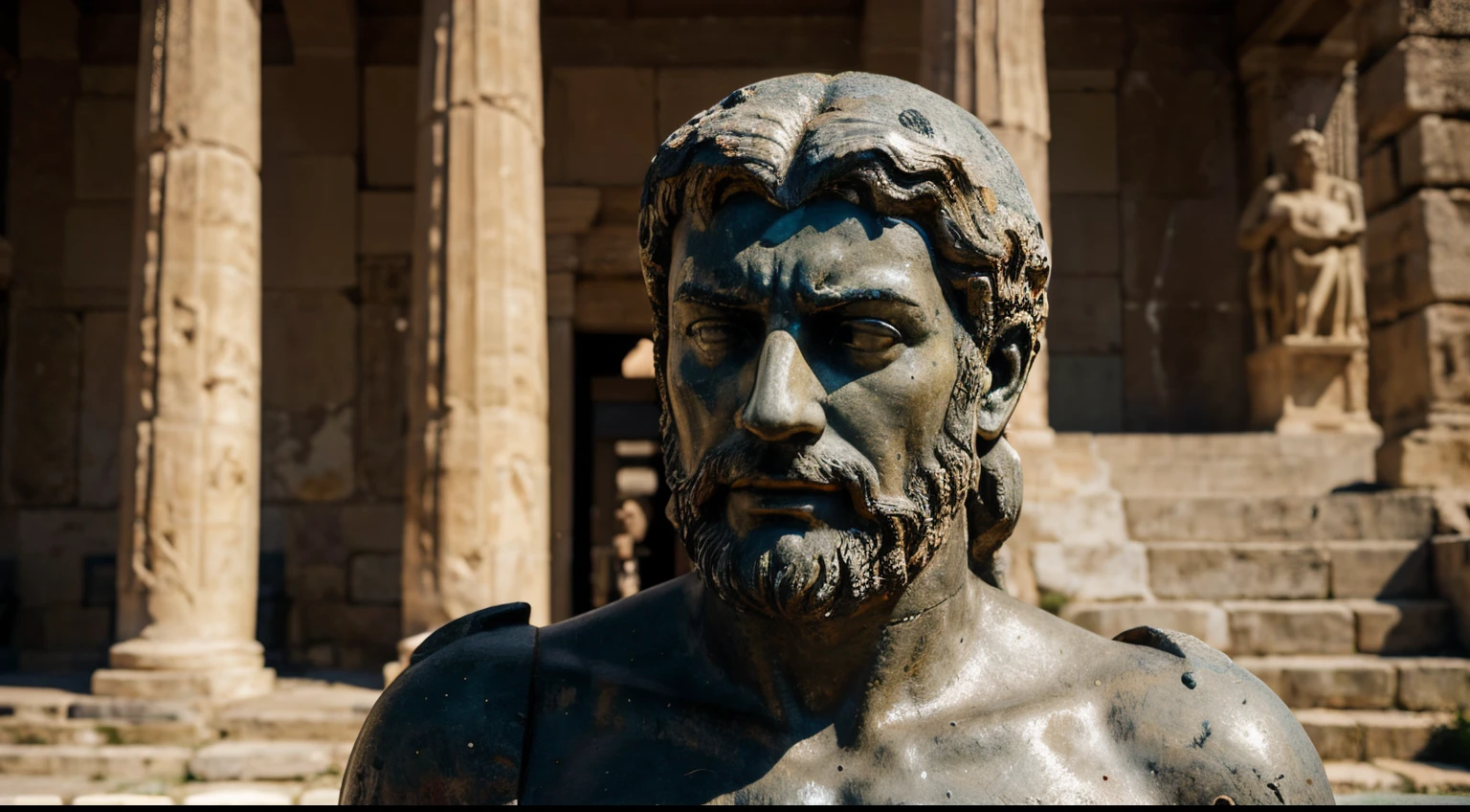 Ancient Stoic Statue With Very Angry Expression, tem barba, muitos detalhes em ambos os olhos, Outside, fundo atenas grego, open sky, com rosto extremamente detalhado full body view, Colors with low saturation with dark tone, Filmado em Sony A7S III com Sony FE 35mm f/1.8, 12.1 MP, --AR 3:2 --estilo cru