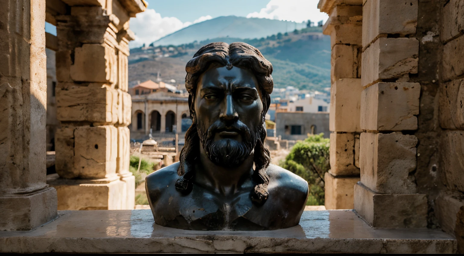 Ancient Stoic Statue With Very Angry Expression, tem barba, muitos detalhes em ambos os olhos, Outside, fundo atenas grego, open sky, com rosto extremamente detalhado full body view, Colors with low saturation with dark tone, Filmado em Sony A7S III com Sony FE 35mm f/1.8, 12.1 MP, --AR 3:2 --estilo cru