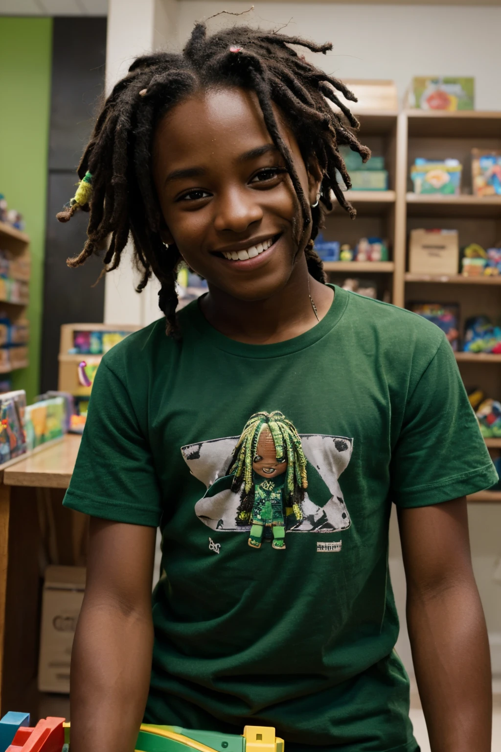 A dark-skinned boy of 10 years old, with light green dreadlocks, in a green T-shirt, smiling and winking, in a toy store