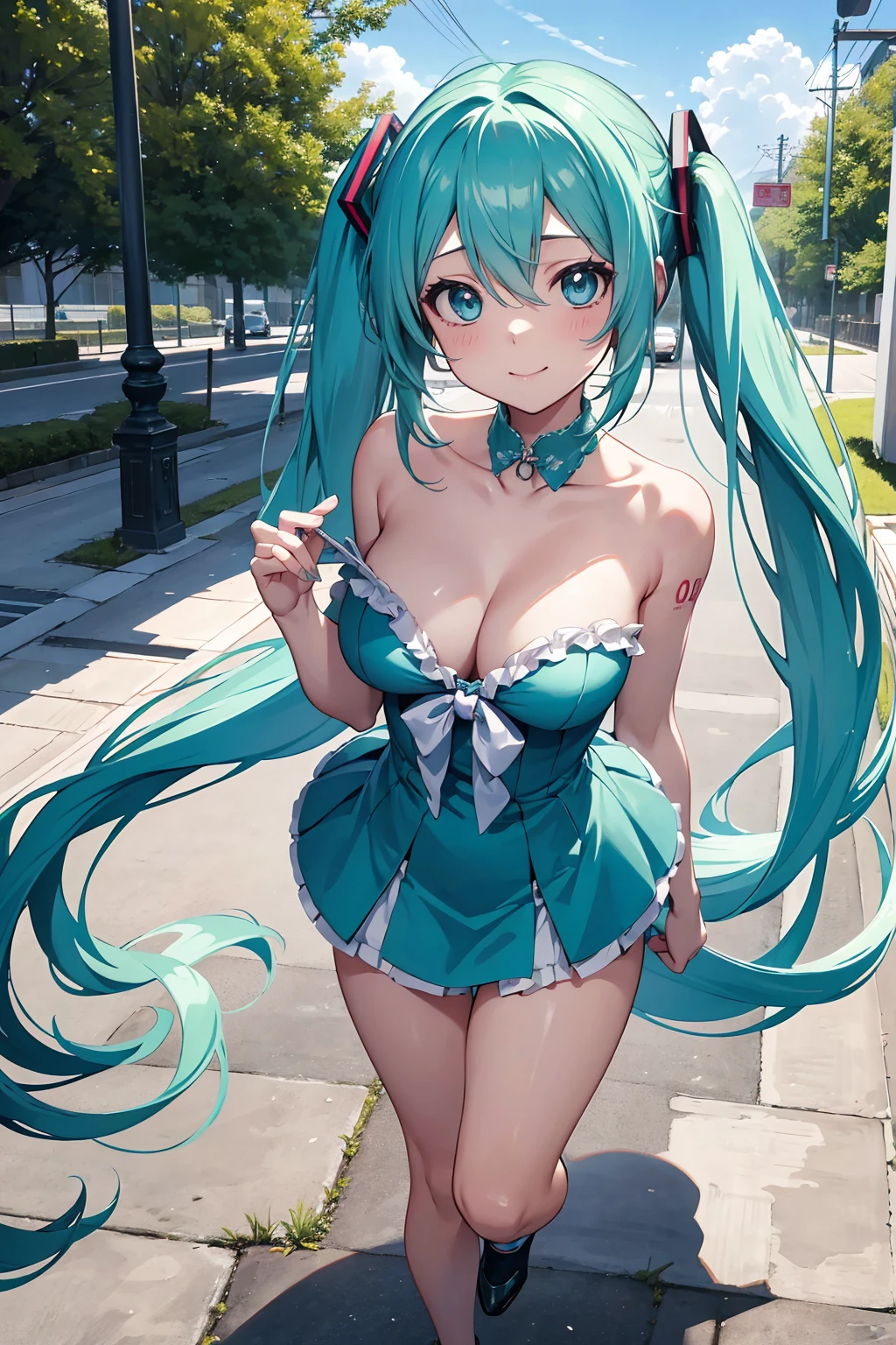 (Personnage de Hatsune Miku), Tosca couleur de cheveux, Longs poils à deux queues avec des poneys, Regarder la vue, Les yeux sur le paysage, Sourire ***************, corps parfait, anatomie parfaite, Tosca couleur des yeux, Paupières doubles, énorme seins, clivage，Plan rapproché