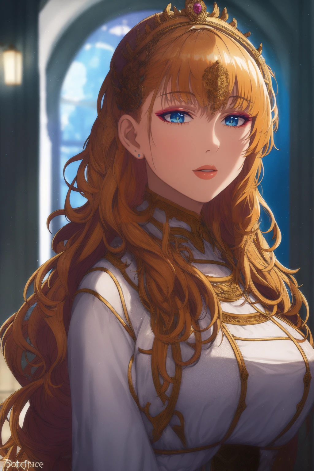 (best quality,4k,highres),detailed eyes,detailed lips,ultra-detailed face,wavy long hair,beautiful detailed eyes,beautiful detailed lips,extremely detailed eyes and face,longeyelashes,woman-medieval-cloths,priestess,curvy,tunic,galko,girl, solo,priestess outfit,gyaru style,dress,full body,woman,character portrait,portrait,studio lighting,,colorful,vivid colors,mysterious,soft lighting,bokeh,medieval theme,casual attire,confident expression