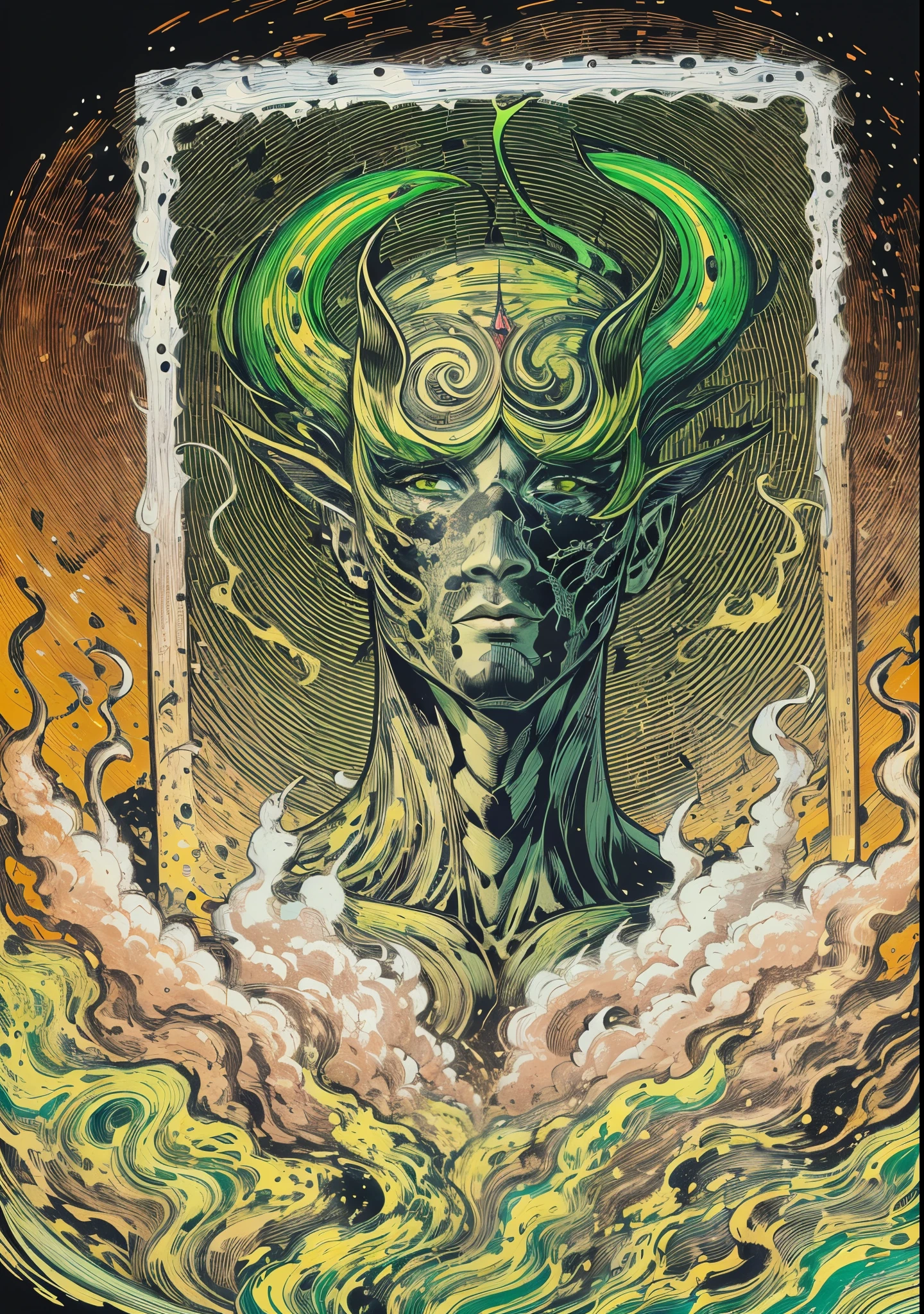 un primer plano de un hombre con una llama verde en la cabeza y torso, humano resplandeciente, Como se ilustra en Top Cow Comics, Brillando en poder, Sosteniendo fuego verde, Hoja de alma verde brillante,esqueleto,esqueleto humano,huesesos,deretirse,nuclear