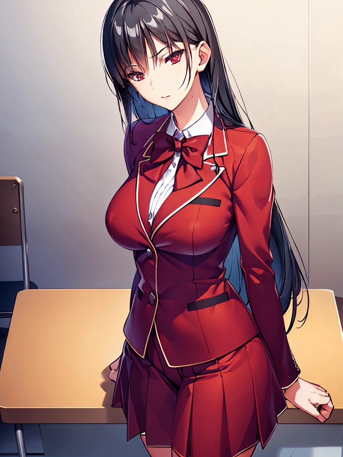 빨간 유니폼을 입은 애니메이션 소녀가 책상 앞에 서 있습니다. - SeaArt AI