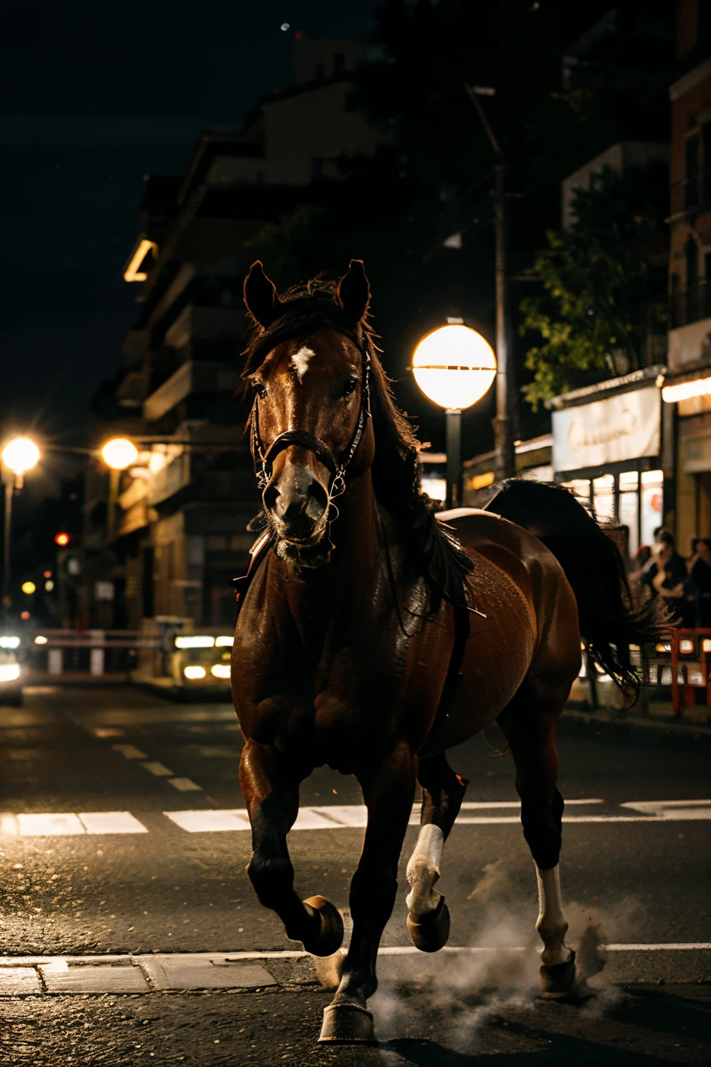 Produce a maximum quality image, altamente realista, retratando um cavalo sozinho em pleno movimento, running and crossing the street at night under the illumination of the horse's headlights making shadows. The scene must capture the dynamics and precision of the horse's movement, combining photographic realism with the drama of the situation.