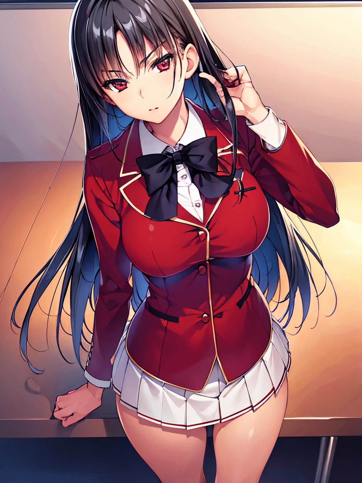 a woman in red school uniform,black hair, red eyes, big naked boobs with , sexy, , classroom
masterpeace, best quality, (extremely detailed CG:1.4), highly detailed faces