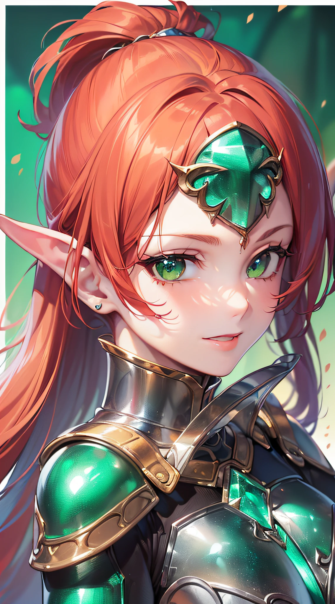 ((masuter piece:1.5)),((Finest quality)),(super precision),8k picture,Top quality anime,Highest level of resolution,sharpnes,Clear,Fantastic background:1.4,((perfect anatomia:1.5)),(Perfect depiction, Unbroken body:1.5),Detailed down to the smallest detail,Phenomenal depiction,((1womanl),((poneyTail:1.3,pale red hair)),(Beautiful and neat face),((Beautiful shiny emerald green eyes),Slim body,pretty skin,(A slight smil),(Armor with detailed details,Dense and detailed decoration:1.7,),(Circlet embedded with clear orange gemstones)