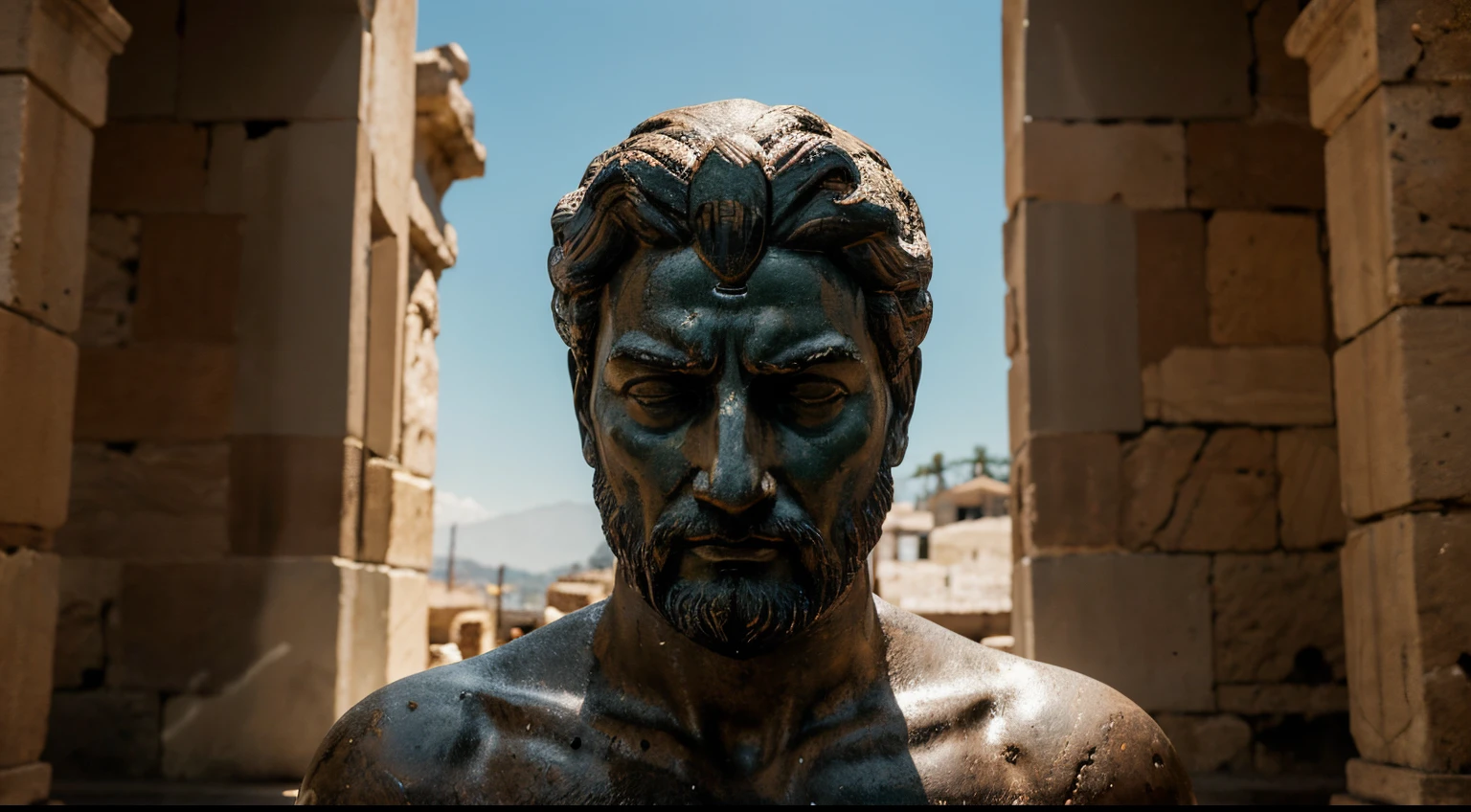 Ancient Stoic Statue With Very Angry Expression, tem barba, muitos detalhes em ambos os olhos, Outside, fundo atenas grego, open sky, com rosto extremamente detalhado full body view, Colors with low saturation with dark tone, Filmado em Sony A7S III com Sony FE 35mm f/1.8, 12.1 MP, --AR 3:2 --estilo cru