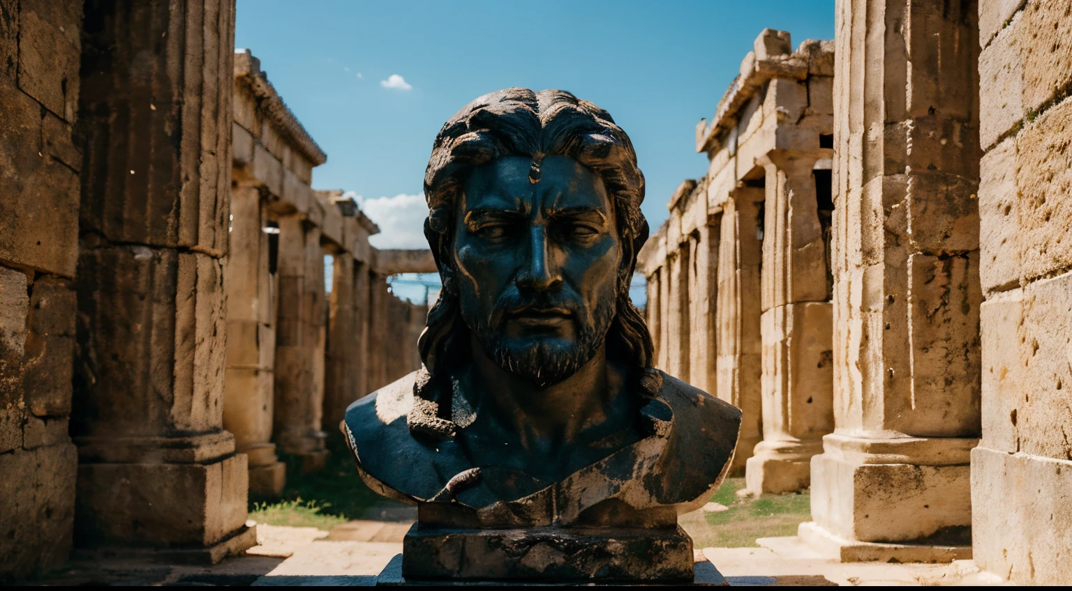 Ancient Stoic Statue With Very Angry Expression, tem barba, muitos detalhes em ambos os olhos, Outside, fundo atenas grego, open sky, com rosto extremamente detalhado full body view, Colors with low saturation with dark tone, Filmado em Sony A7S III com Sony FE 35mm f/1.8, 12.1 MP, --AR 3:2 --estilo cru