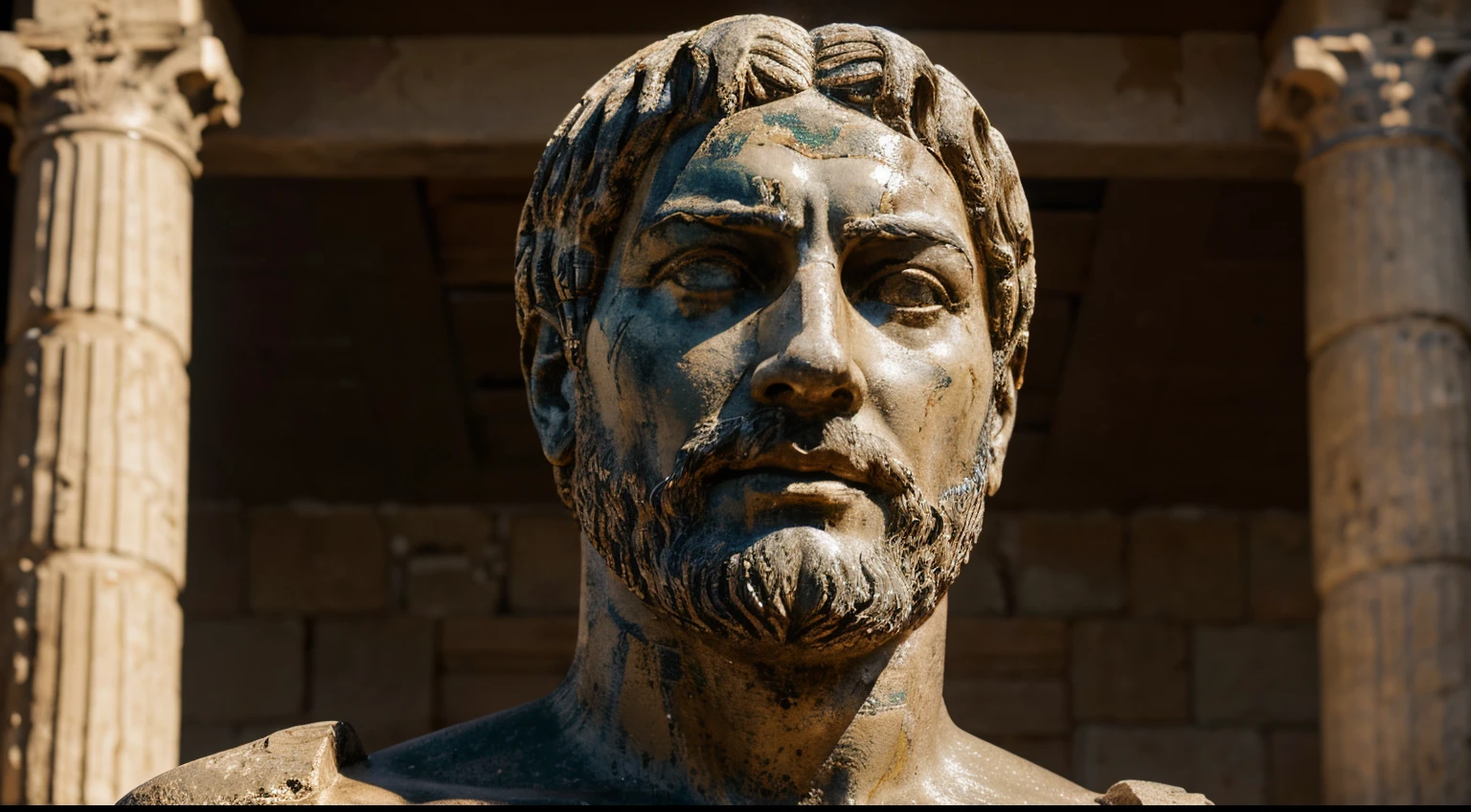 Ancient Stoic Statue With Very Angry Expression, tem barba, muitos detalhes em ambos os olhos, Outside, fundo atenas grego, open sky, com rosto extremamente detalhado full body view, Colors with low saturation with dark tone, Filmado em Sony A7S III com Sony FE 35mm f/1.8, 12.1 MP, --AR 3:2 --estilo cru