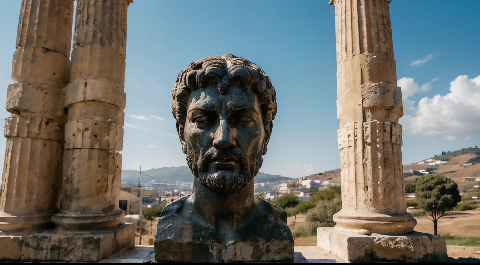 Ancient Stoic Statue With Very Angry Expression, tem barba, muitos detalhes em ambos os olhos, Outside, fundo atenas grego, open sky, com rosto extremamente detalhado full body view, Colors with low saturation with dark tone, Filmado em Sony A7S III com Sony FE 35mm f/1.8, 12.1 MP, --AR 3:2 --estilo cru