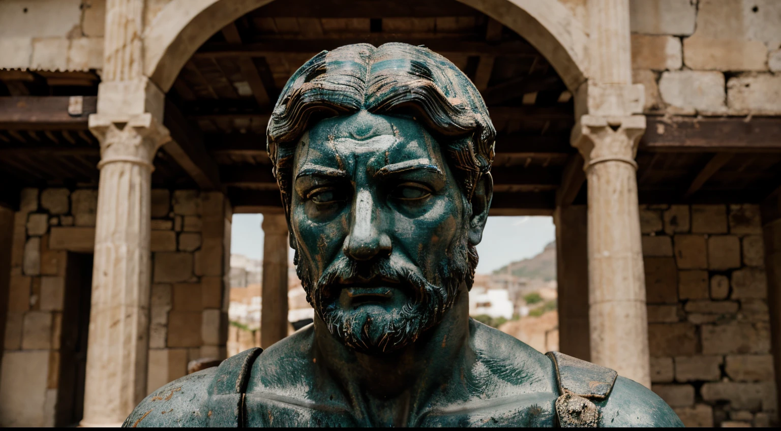 Ancient Stoic Statue With Very Angry Expression, tem barba, muitos detalhes em ambos os olhos, Outside, fundo atenas grego, open sky, com rosto extremamente detalhado full body view, Colors with low saturation with dark tone, Filmado em Sony A7S III com Sony FE 35mm f/1.8, 12.1 MP, --AR 3:2 --estilo cru