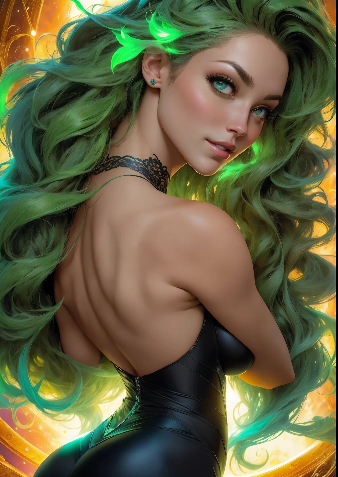 un primer plano de un hombre con una llama verde en la cabeza y torso, humano resplandeciente, Como se ilustra en Top Cow Comics, Brillando en poder, Sosteniendo fuego verde, Hoja de alma verde brillante,esqueleto,esqueleto humano,huesesos,deretirse,nuclear