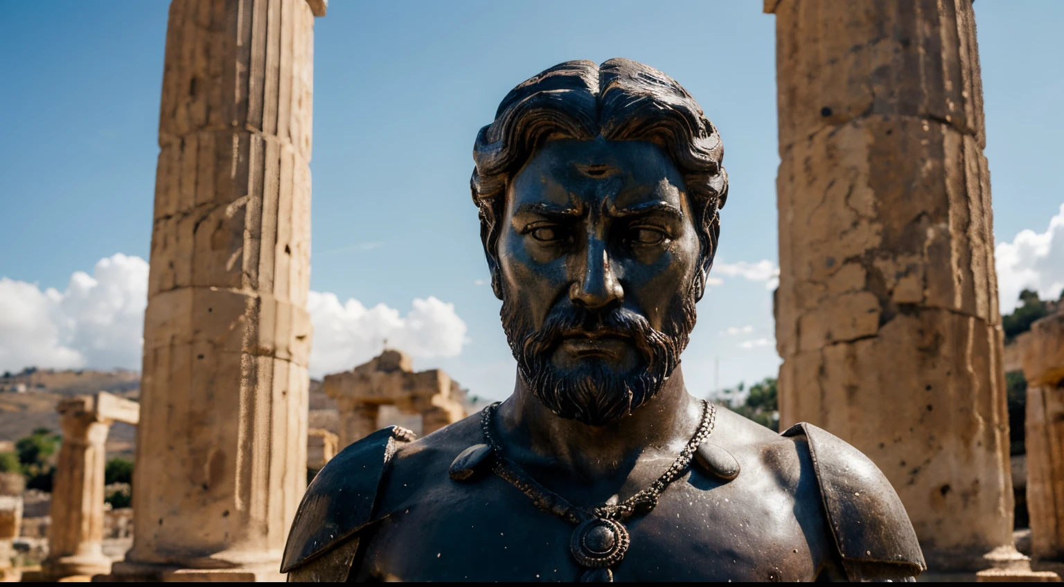 Ancient Stoic Statue With Very Angry Expression, tem barba, muitos detalhes em ambos os olhos, Outside, fundo atenas grego, open sky, com rosto extremamente detalhado full body view, Colors with low saturation with dark tone, Filmado em Sony A7S III com Sony FE 35mm f/1.8, 12.1 MP, --AR 3:2 --estilo cru