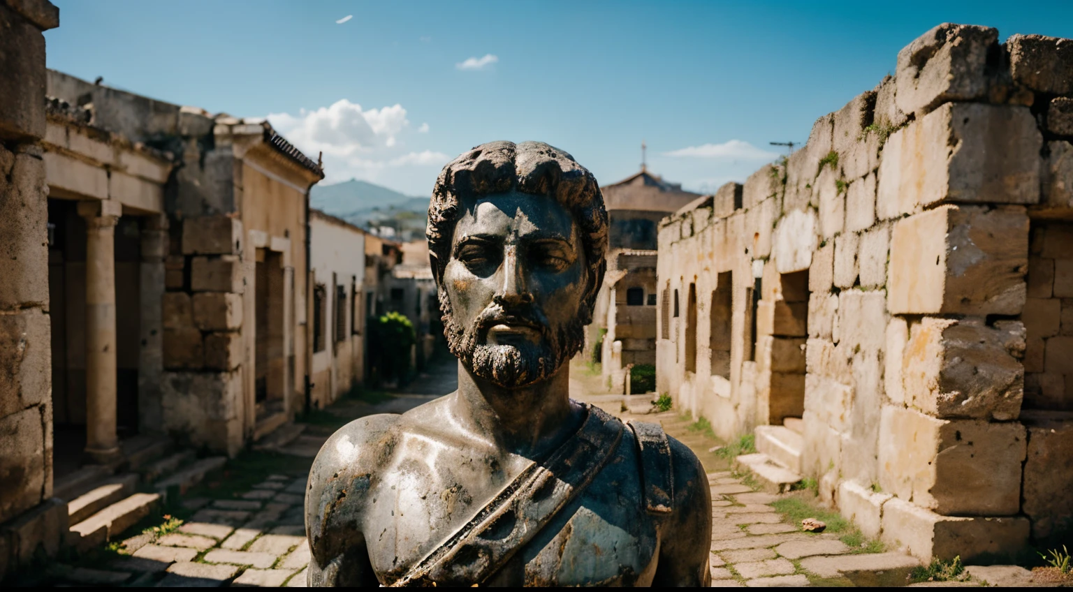 Ancient Stoic Statue With Very Angry Expression, tem barba, muitos detalhes em ambos os olhos, Outside, fundo atenas grego, open sky, com rosto extremamente detalhado full body view, Colors with low saturation with dark tone, Filmado em Sony A7S III com Sony FE 35mm f/1.8, 12.1 MP, --AR 3:2 --estilo cru