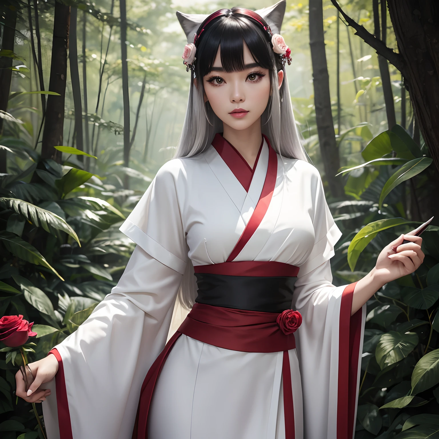 (Wonder, Top Quality, 8K, masterpiece: 1.2, bodyesbian)) fair skin, beautiful, sexy, yannu wan young woman, beautiful eyes, red under eye lid eye shadow, she is wearing a white with black bands edo kino outfit kimono, exotic medium length wolf hairstyle with bangs, wolf eyes, white silver hair with red streaks and a rose, pose, in an exotic universe, a forest of yuni