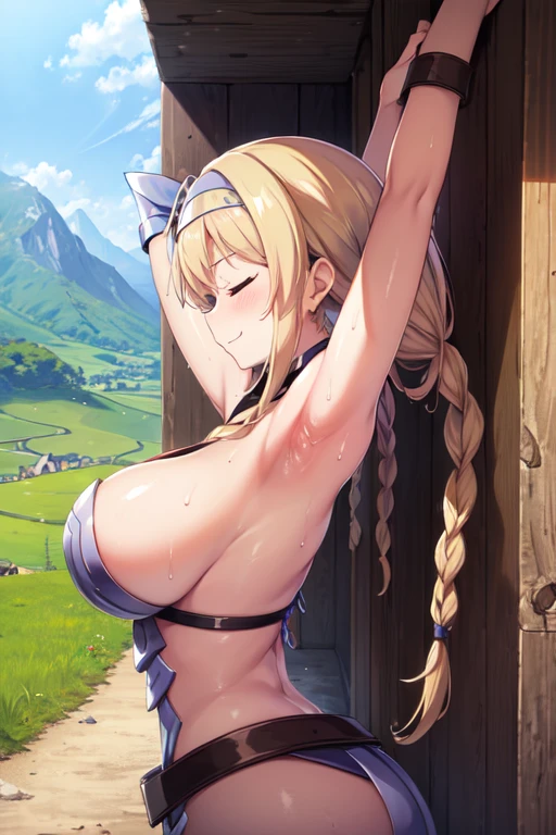 LeinaQuiron woman, 1girl, solo, breasts, blush, blue eyes, blonde hair, large breasts, cleavage, braid, hairband, armor, twin braids, side braid, short hair with long locks, buckle, shield BREAK (masterpiece, best quality:1.3), 4k, ultra-detailed, trending in pixiv, detailed background, BREAK (in the village, countryside, scenery:1.4), BREAK (upper body, from side, arms up, stretching:1.3), smile, closed eyes, (sweat, shiny skin:1.2)