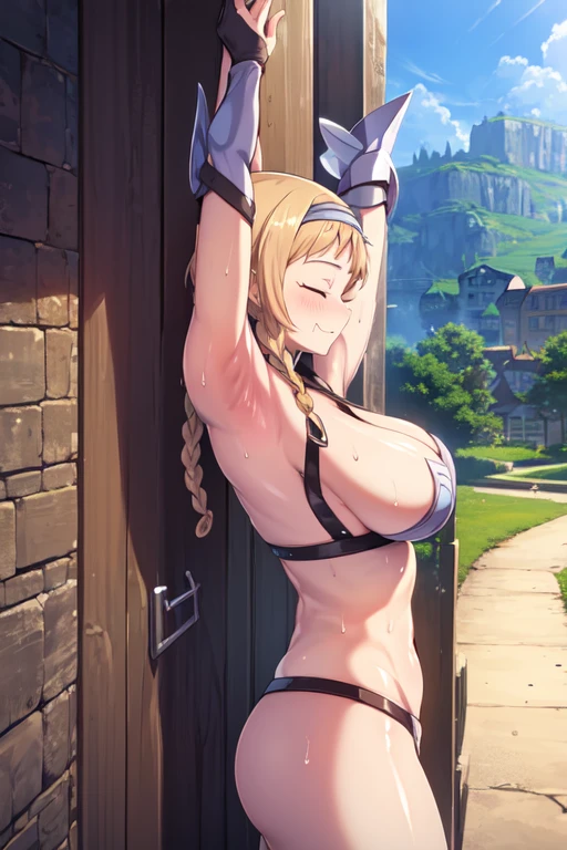 LeinaQuiron woman, 1girl, solo, breasts, blush, blue eyes, blonde hair, large breasts, cleavage, braid, hairband, armor, twin braids, side braid, short hair with long locks, buckle, shield BREAK (masterpiece, best quality:1.3), 4k, ultra-detailed, trending in pixiv, detailed background, BREAK (in the village, countryside, scenery:1.4), BREAK (upper body, from side, arms up, stretching:1.3), smile, closed eyes, (sweat, shiny skin:1.2)