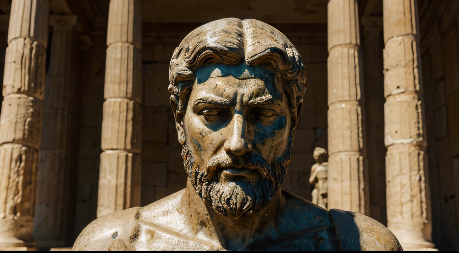 Ancient Stoic Statue With Very Angry Expression, tem barba, muitos detalhes em ambos os olhos, Outside, fundo atenas grego, open sky, com rosto extremamente detalhado full body view, Colors with low saturation with dark tone, Filmado em Sony A7S III com Sony FE 35mm f/1.8, 12.1 MP, --AR 3:2 --estilo cru