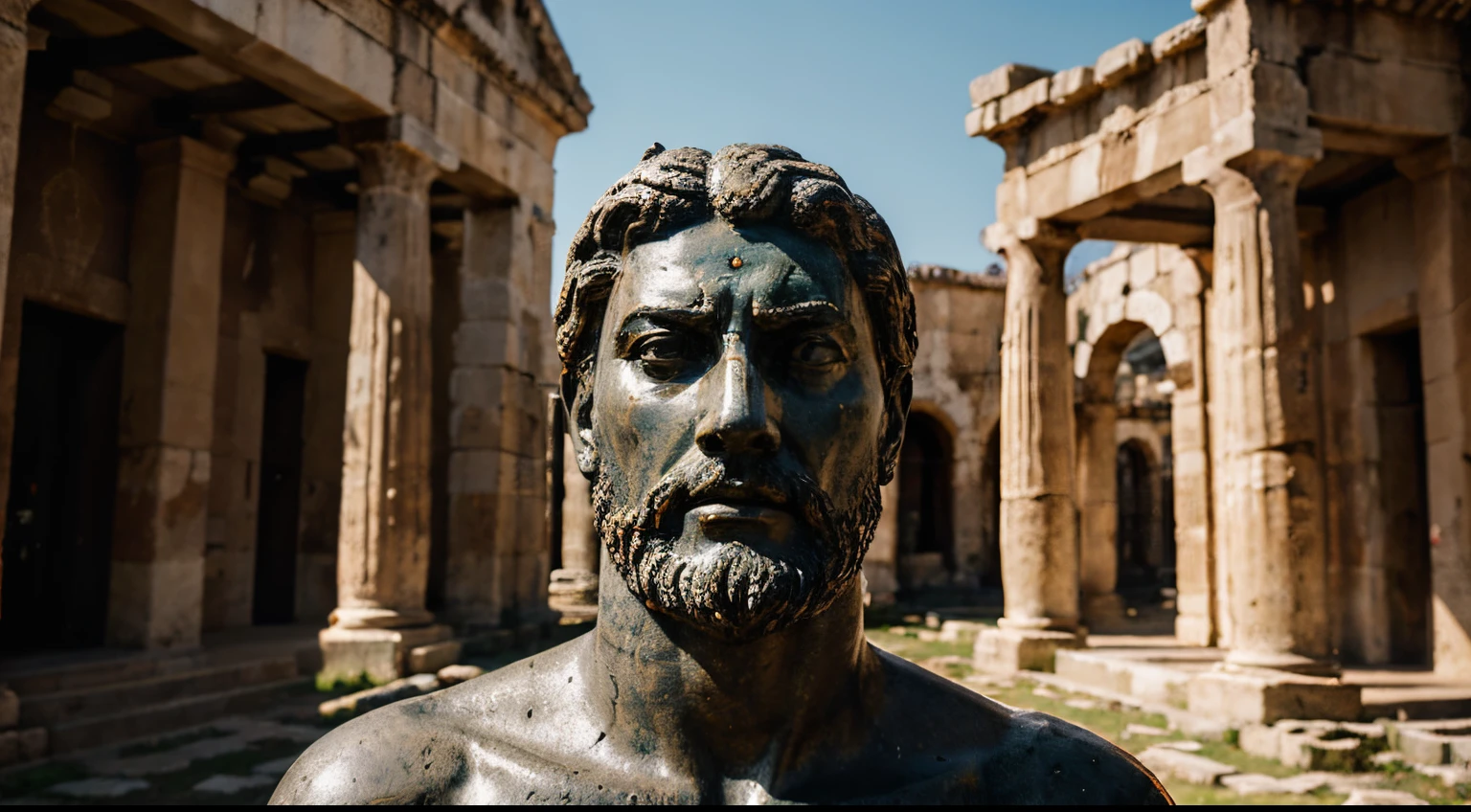 Ancient Stoic Statue With Very Angry Expression, tem barba, muitos detalhes em ambos os olhos, Outside, fundo atenas grego, open sky, com rosto extremamente detalhado full body view, Colors with low saturation with dark tone, Filmado em Sony A7S III com Sony FE 35mm f/1.8, 12.1 MP, --AR 3:2 --estilo cru