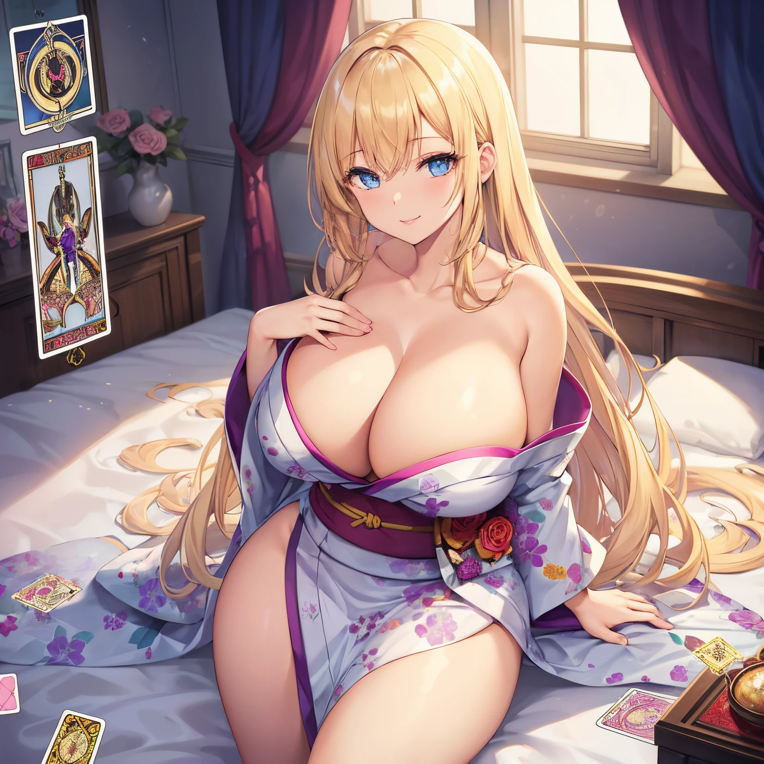 Masterpiece, Best Quality, (((Solo mature woman))), (((long blonde hair))),  (((wide hips))), (((beautiful blue eyes))), full lips, seductive smile, large chest, curvy, sexy, (( on bed ready to breed)) (((wearing pink with white floral kimono))), [Janet], [Alice],  (((solo))), (((alone))), ((huge boobs)), (cleavage), (((purple tarot cards on bed))), red curtains, messy hair, curly hair, perfect hourglass figure, garden in window, thick thighs