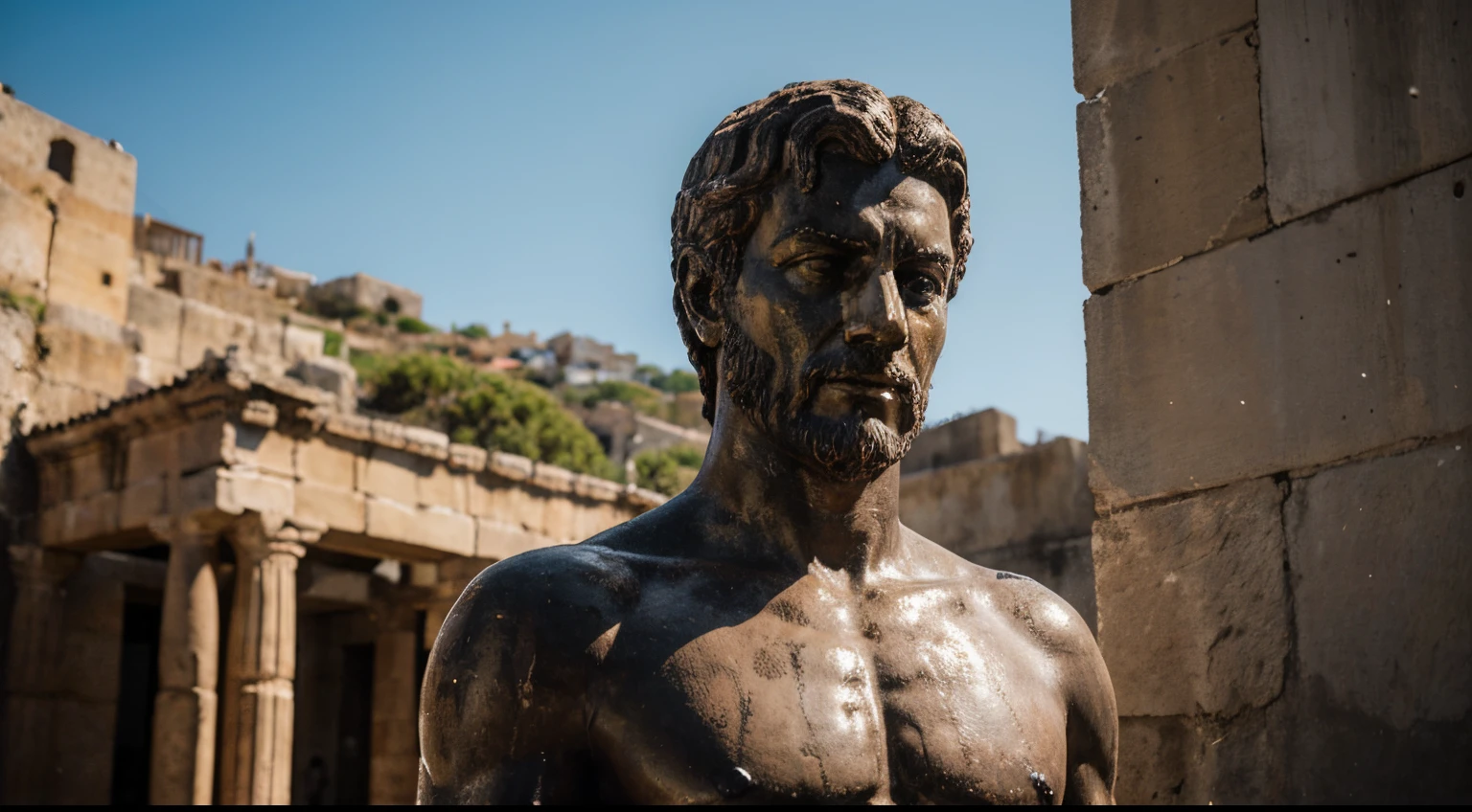 Ancient Stoic Statue With Very Angry Expression, tem barba, muitos detalhes em ambos os olhos, Outside, fundo atenas grego, open sky, com rosto extremamente detalhado full body view, Colors with low saturation with dark tone, Filmado em Sony A7S III com Sony FE 35mm f/1.8, 12.1 MP, --AR 3:2 --estilo cru