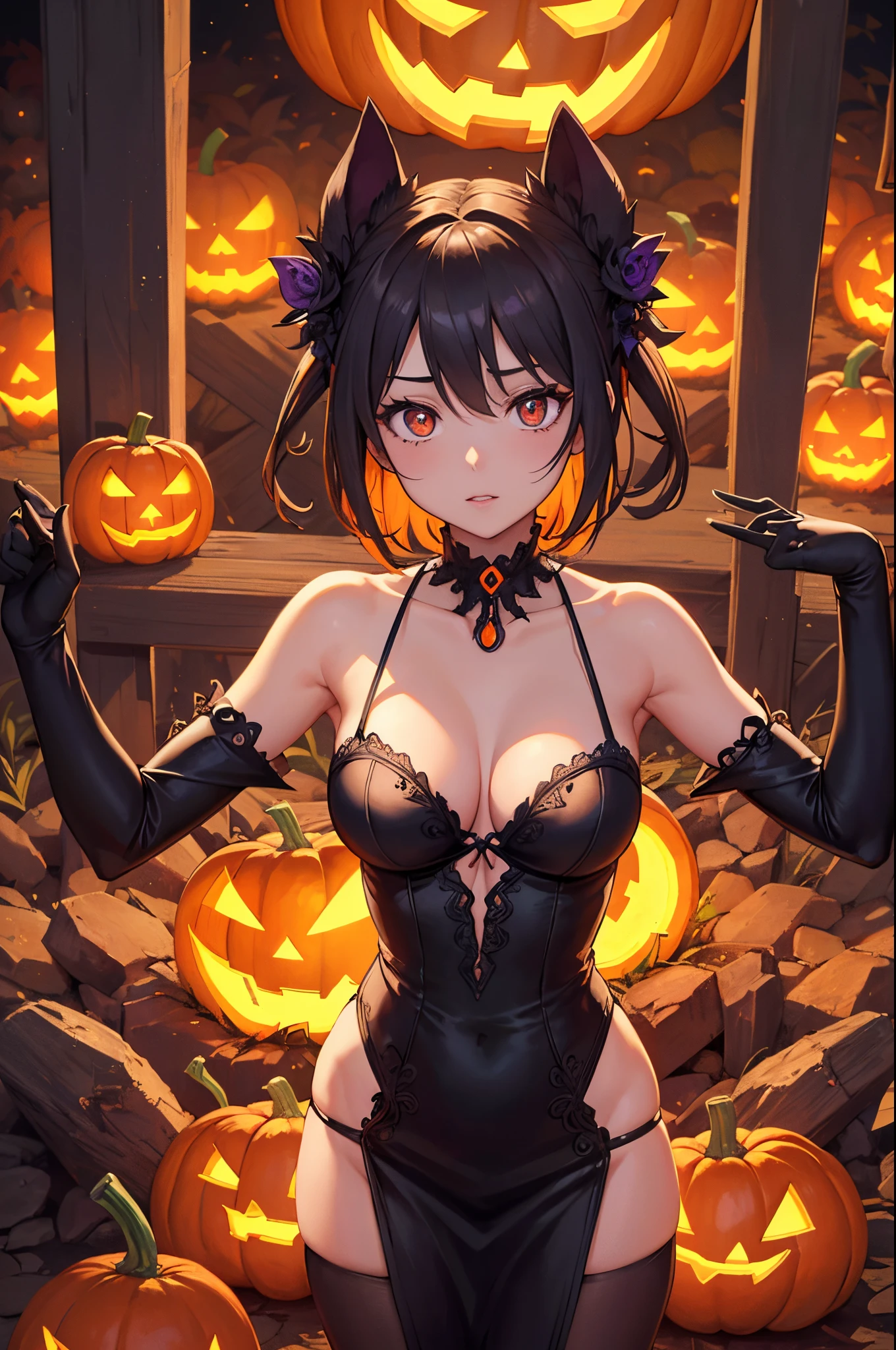 On a pumpkin patch on Halloween night, a girl in a sexy revealing mini witch costume, (show off her curves and skin), stands surrounded by Jack-o-lanterns. The girl's eyes are beautifully detailed, her lips are beautifully detailed, and her face is extremely detailed. She has long eyelashes that enhance her mysterious appearance. The girl is the center of the frame, capturing all attention. The pumpkin patch is filled with vines that resemble tentacles, adding an intriguing and slightly unsettling element to the scene. The overall image quality is top-notch, with the utmost attention to detail. The resolution is 8k, providing every pixel with clarity and sharpness. It's a masterpiece that showcases ultra-detailed craftsmanship. The art style combines vibrant colors and realistic elements, resulting in a captivating piece. The lighting in the scene is carefully arranged, illuminating the girl and the Jack-o-lanterns in a dramatic and alluring way. The color palette is tailored to create a Halloween ambiance. The dominant colors are deep oranges and dark purples, evoking the traditional Halloween colors. The flickering light from the Jack-o-lanterns casts eerie shadows on the girl, enhancing the overall atmosphere of the image.