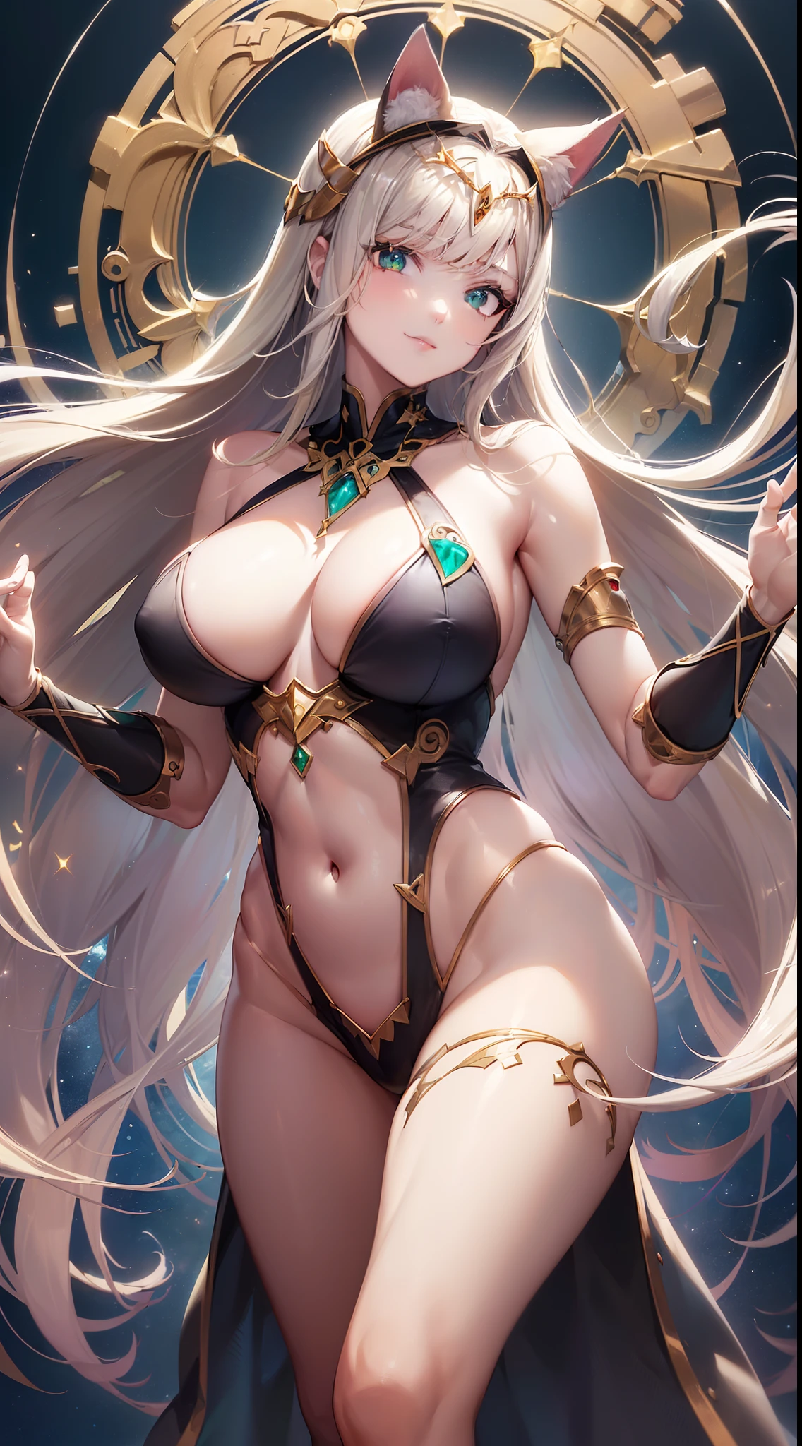 ((masuter piece:1.5)),((Finest quality)),(super precision),8k picture,Top quality anime,Highest level of resolution,sharpnes,Clear,Fantastic background:1.4,((perfect anatomia:1.5)),(Perfect depiction, Unbroken body:1.5),Detailed down to the smallest detail,Phenomenal depiction,((1goddess),(a blond)),(Beautiful and neat face),((Beautiful shiny emerald green eyes),huge tit,Slim body,pretty skin,(A slight smil),(Kitten with detailed details:1.7,),(Circlet embedded with clear orange gemstones)
