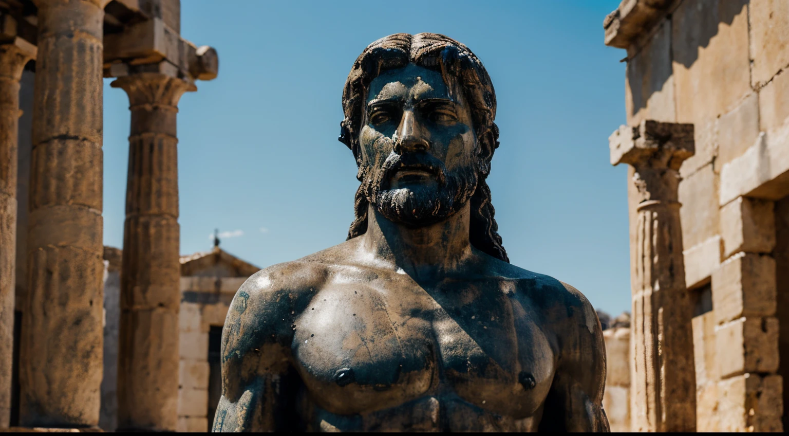 Ancient Stoic Statue With Very Angry Expression, tem barba, muitos detalhes em ambos os olhos, Outside, fundo atenas grego, open sky, com rosto extremamente detalhado full body view, Colors with low saturation with dark tone, Filmado em Sony A7S III com Sony FE 35mm f/1.8, 12.1 MP, --AR 3:2 --estilo cru