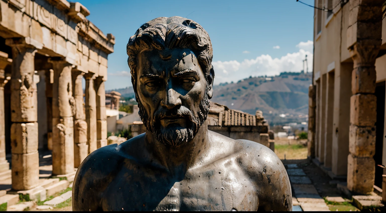 Ancient Stoic Statue With Very Angry Expression, tem barba, muitos detalhes em ambos os olhos, Outside, fundo atenas grego, open sky, com rosto extremamente detalhado full body view, Colors with low saturation with dark tone, Filmado em Sony A7S III com Sony FE 35mm f/1.8, 12.1 MP, --AR 3:2 --estilo cru